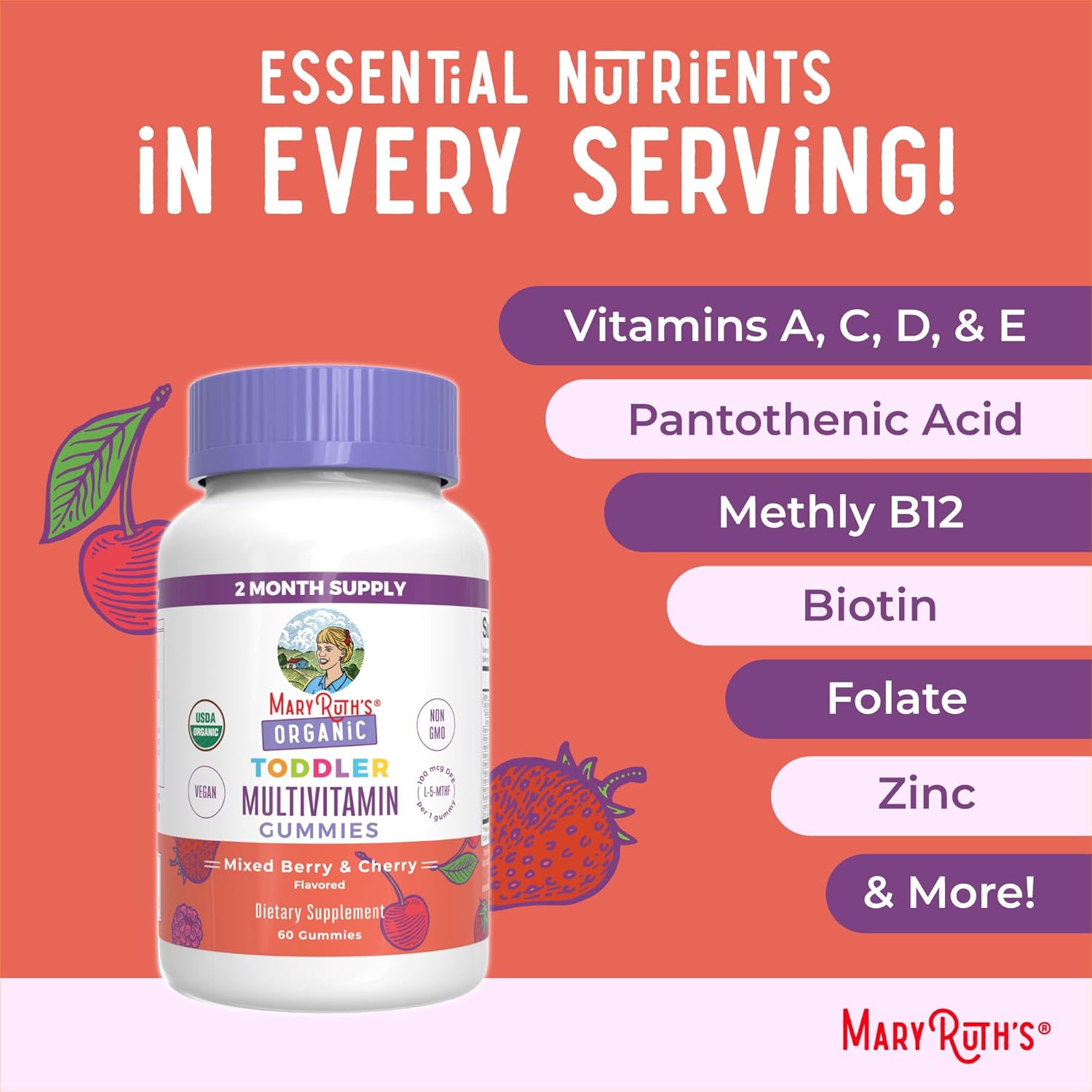 MaryRuth Organics Kids' USDA Vitamin Gummy with C, D3, and Zinc - Mixed Berry & Cherry Flavor - 2 Month Supply