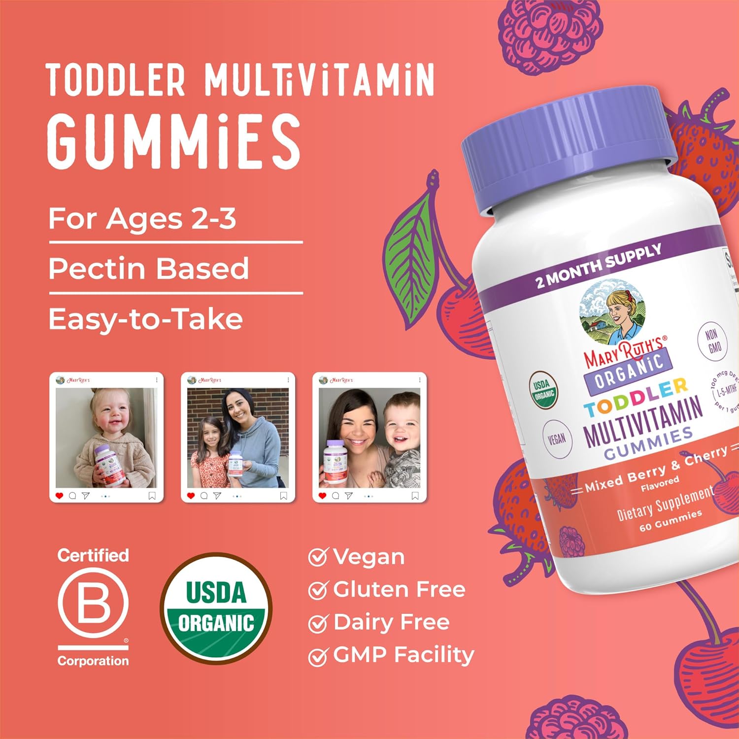 MaryRuth Organics Kids' USDA Vitamin Gummy with C, D3, and Zinc - Mixed Berry & Cherry Flavor - 2 Month Supply