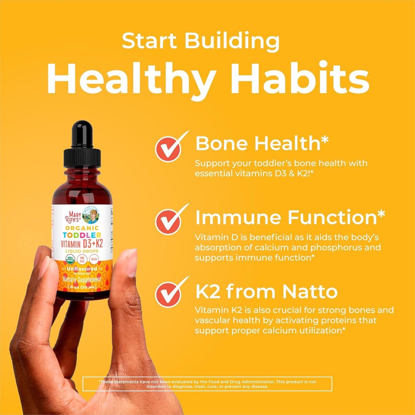 MaryRuth Organics Kids Vitamin D3 K2 Liquid Supplement for Strong Bones - Vegan & Gluten-Free - 1 Fl Oz