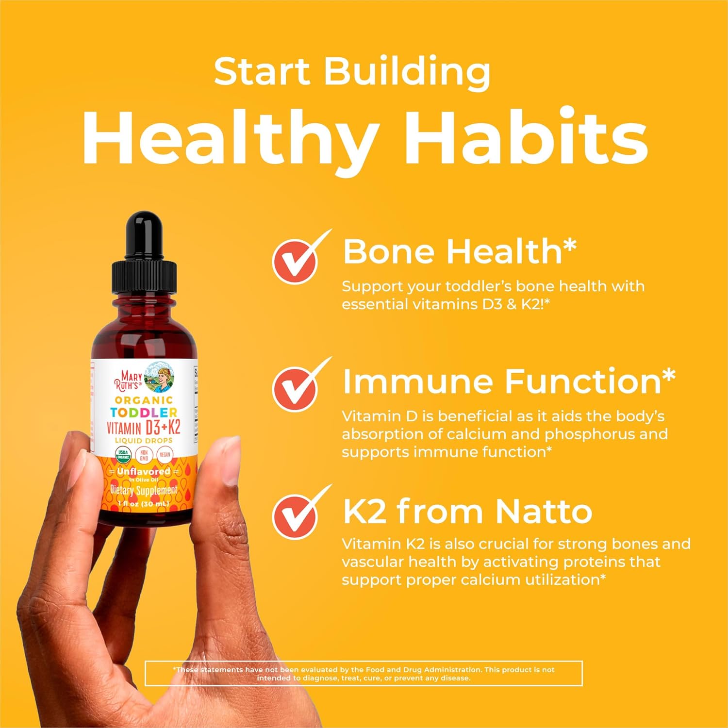 MaryRuth Organics Kids Vitamin D3 K2 Liquid Supplement for Strong Bones - Vegan & Gluten-Free - 1 Fl Oz