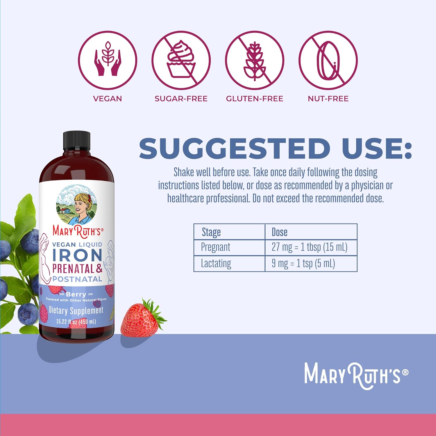MaryRuth Organics Liquid Iron Supplement for Prenatal & Postnatal Support - Iron Deficiency, Immune Boost - Vegan, Non-GMO, 15.22 Fl Oz