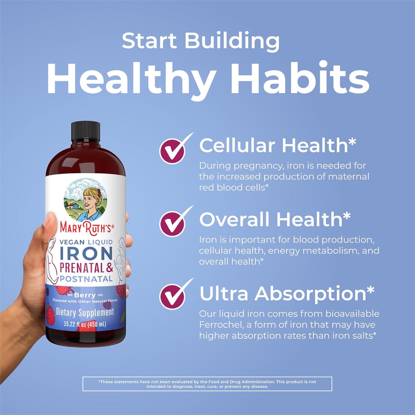 MaryRuth Organics Liquid Iron Supplement for Prenatal & Postnatal Support - Iron Deficiency, Immune Boost - Vegan, Non-GMO, 15.22 Fl Oz