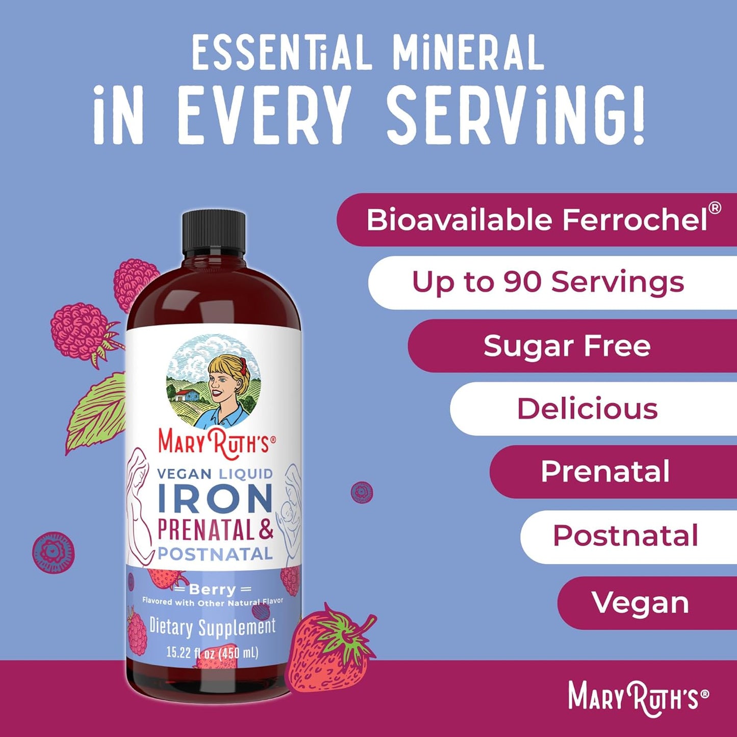 MaryRuth Organics Liquid Iron Supplement for Prenatal & Postnatal Support - Iron Deficiency, Immune Boost - Vegan, Non-GMO, 15.22 Fl Oz