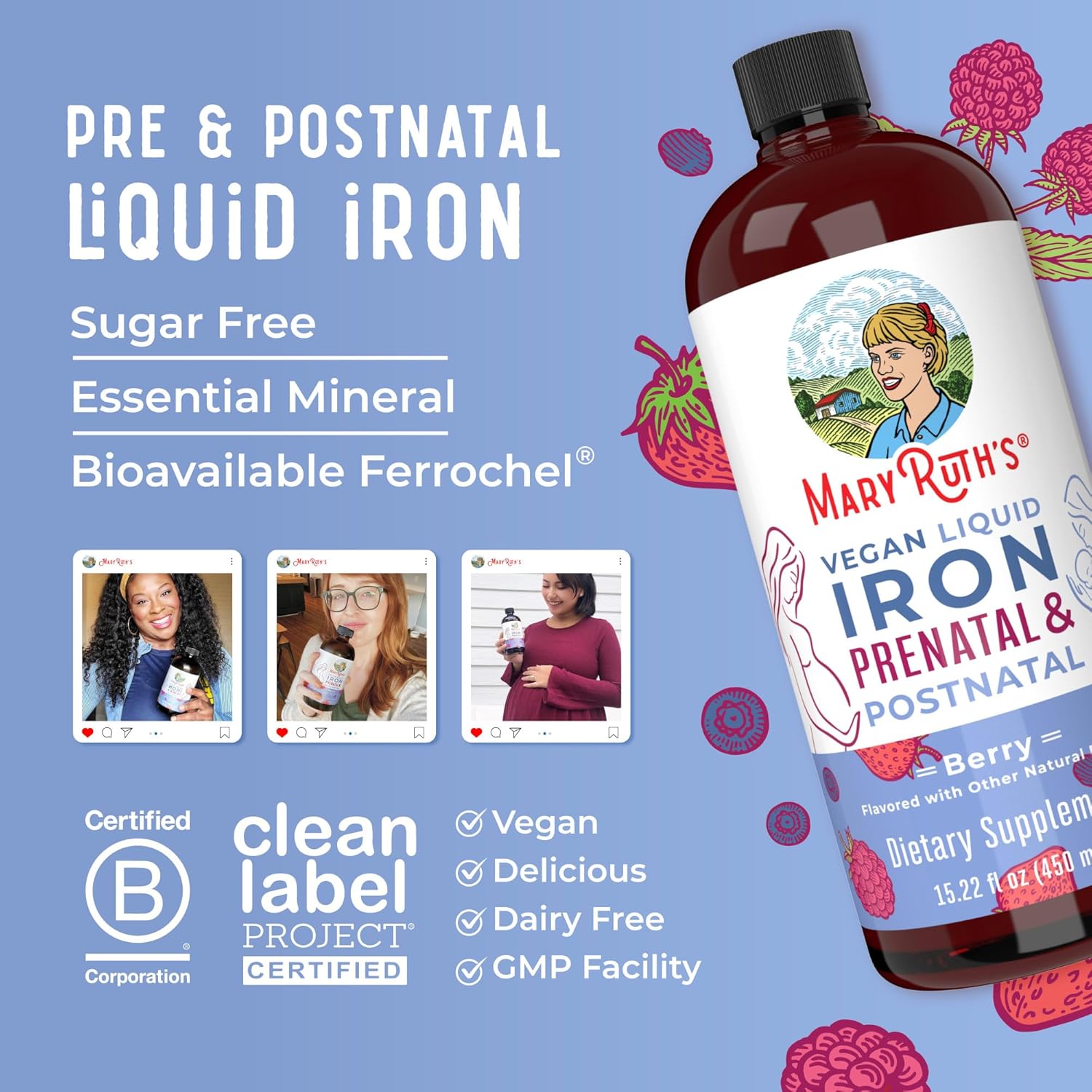 MaryRuth Organics Liquid Iron Supplement for Prenatal & Postnatal Support - Iron Deficiency, Immune Boost - Vegan, Non-GMO, 15.22 Fl Oz