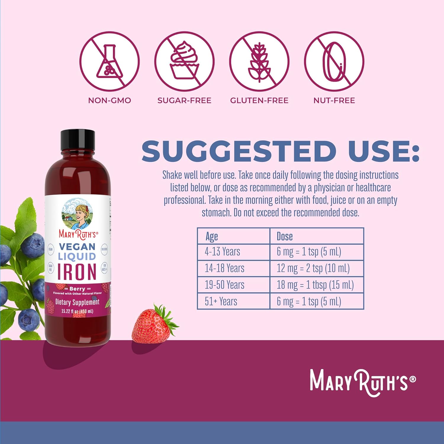MaryRuth Organics Liquid Iron Supplement for Women, Men, and Kids - 15.22 Fl Oz - Vegan, Non-GMO, Gluten-Free - Supports Healthy Blood and Oxygen Levels