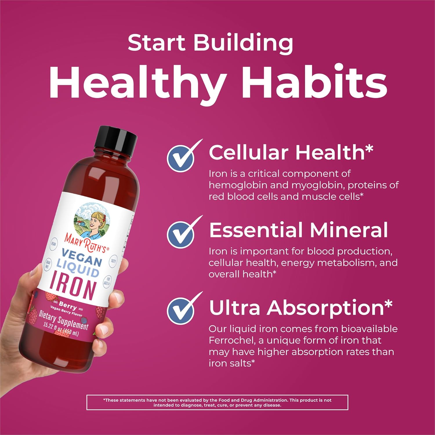 MaryRuth Organics Liquid Iron Supplement for Women, Men, and Kids - 15.22 Fl Oz - Vegan, Non-GMO, Gluten-Free - Supports Healthy Blood and Oxygen Levels