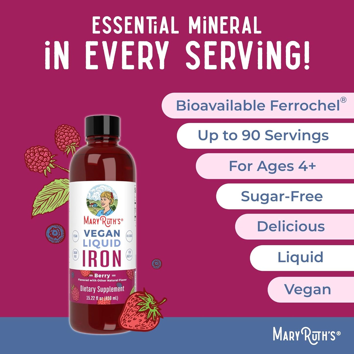 MaryRuth Organics Liquid Iron Supplement for Women, Men, and Kids - 15.22 Fl Oz - Vegan, Non-GMO, Gluten-Free - Supports Healthy Blood and Oxygen Levels