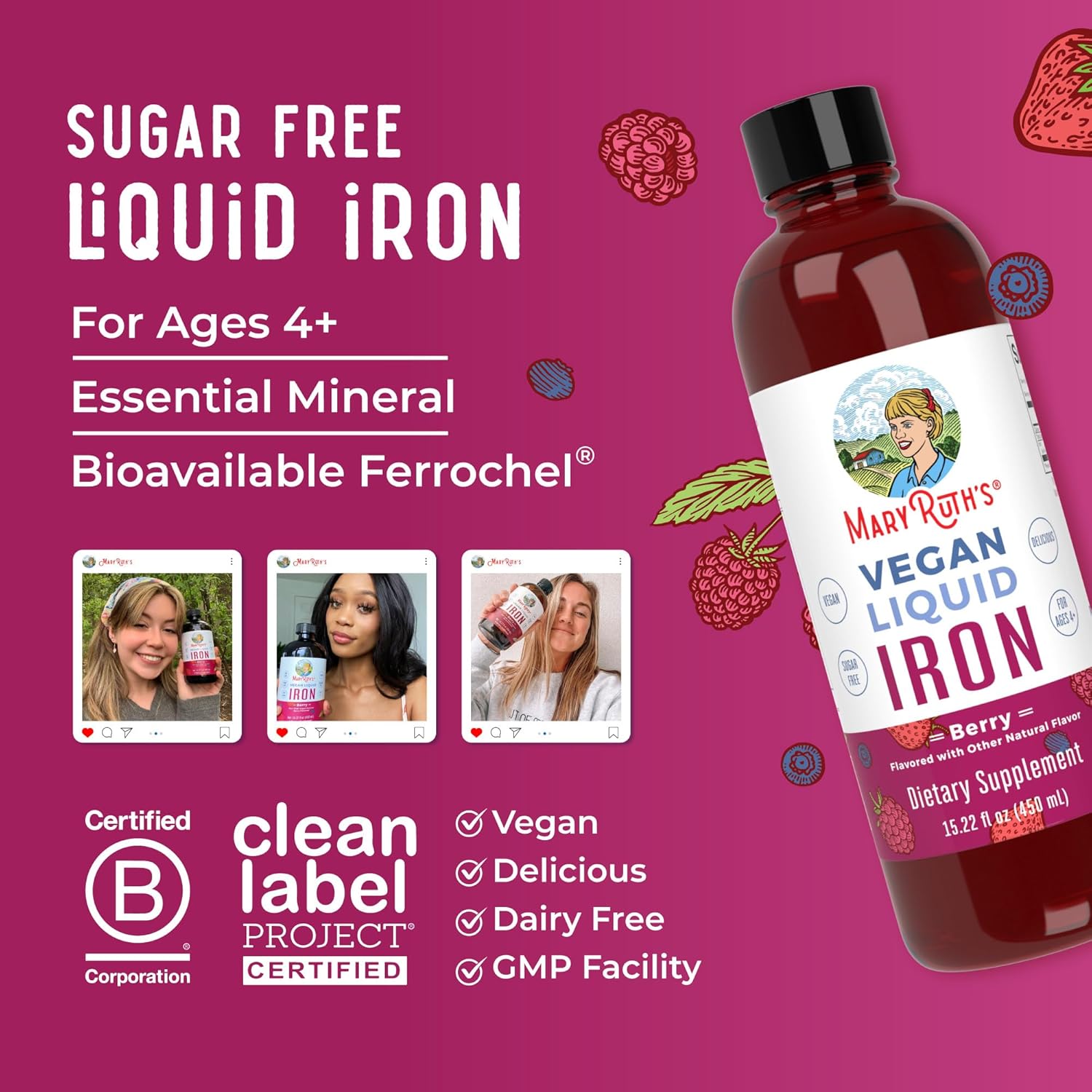MaryRuth Organics Liquid Iron Supplement for Women, Men, and Kids - 15.22 Fl Oz - Vegan, Non-GMO, Gluten-Free - Supports Healthy Blood and Oxygen Levels