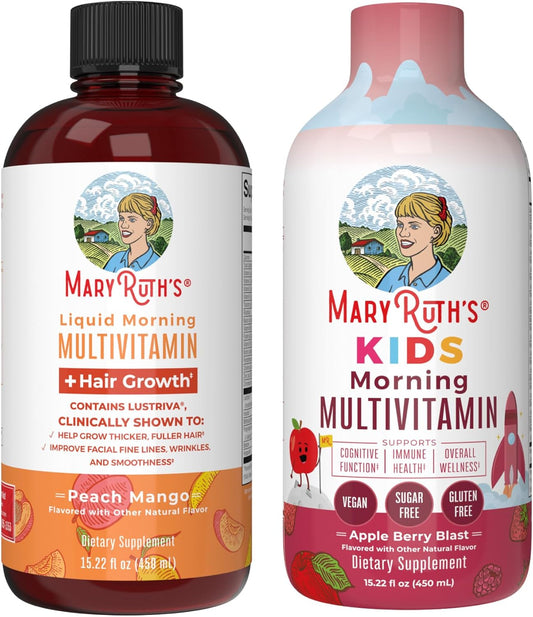 MaryRuth Organics Liquid Morning Multivitamins for Kids & Hair Growth (Apple Berry & Peach Mango) | Clean Label Project Verified® | Vegan Vitamins for Hair, Skin, Overall Wellness