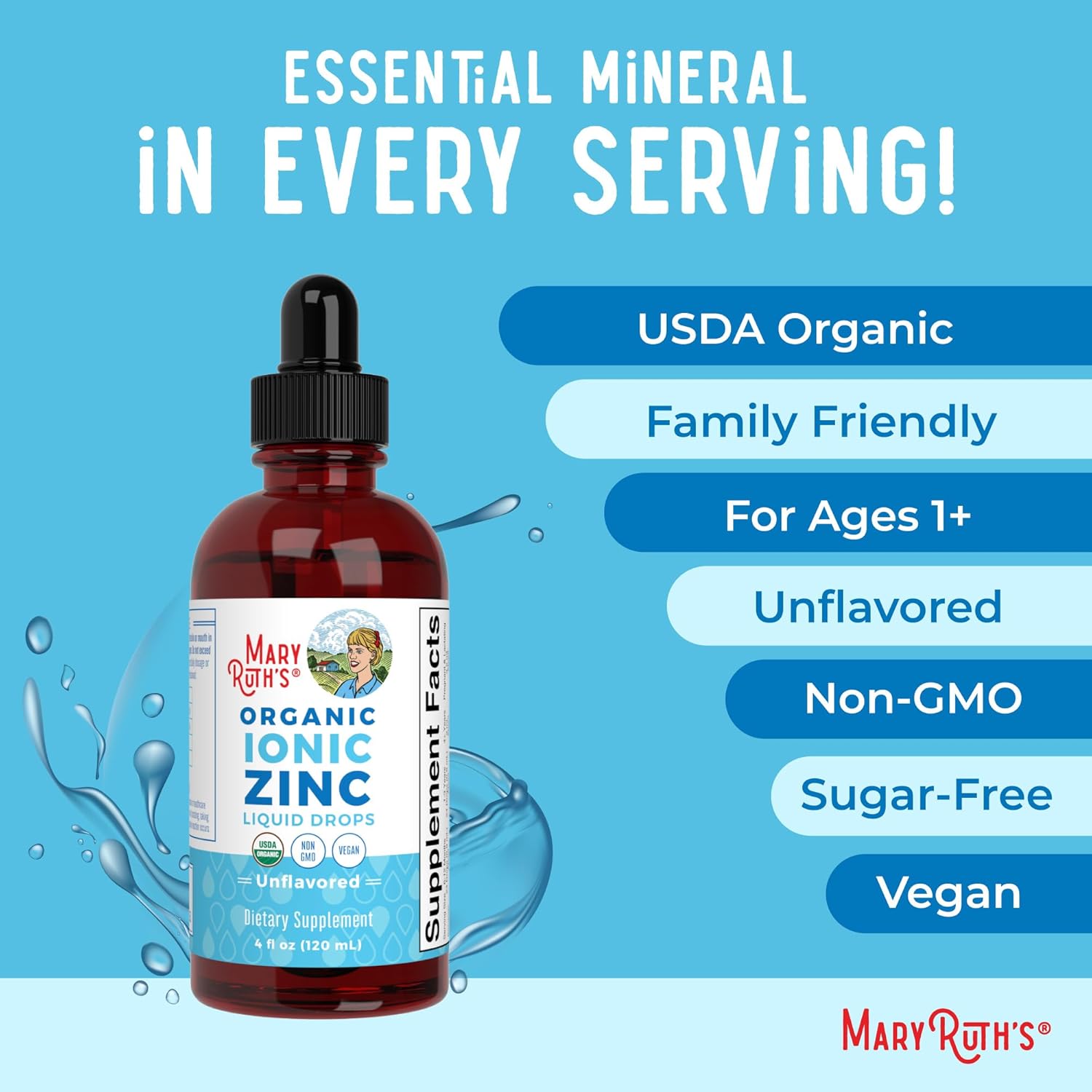 MaryRuth Organics Liquid Zinc Supplement for Immune Support - 4 oz Bottle, Vegan & Gluten Free, Skin Care Formula - 40 Day Supply for Kids & Adults
