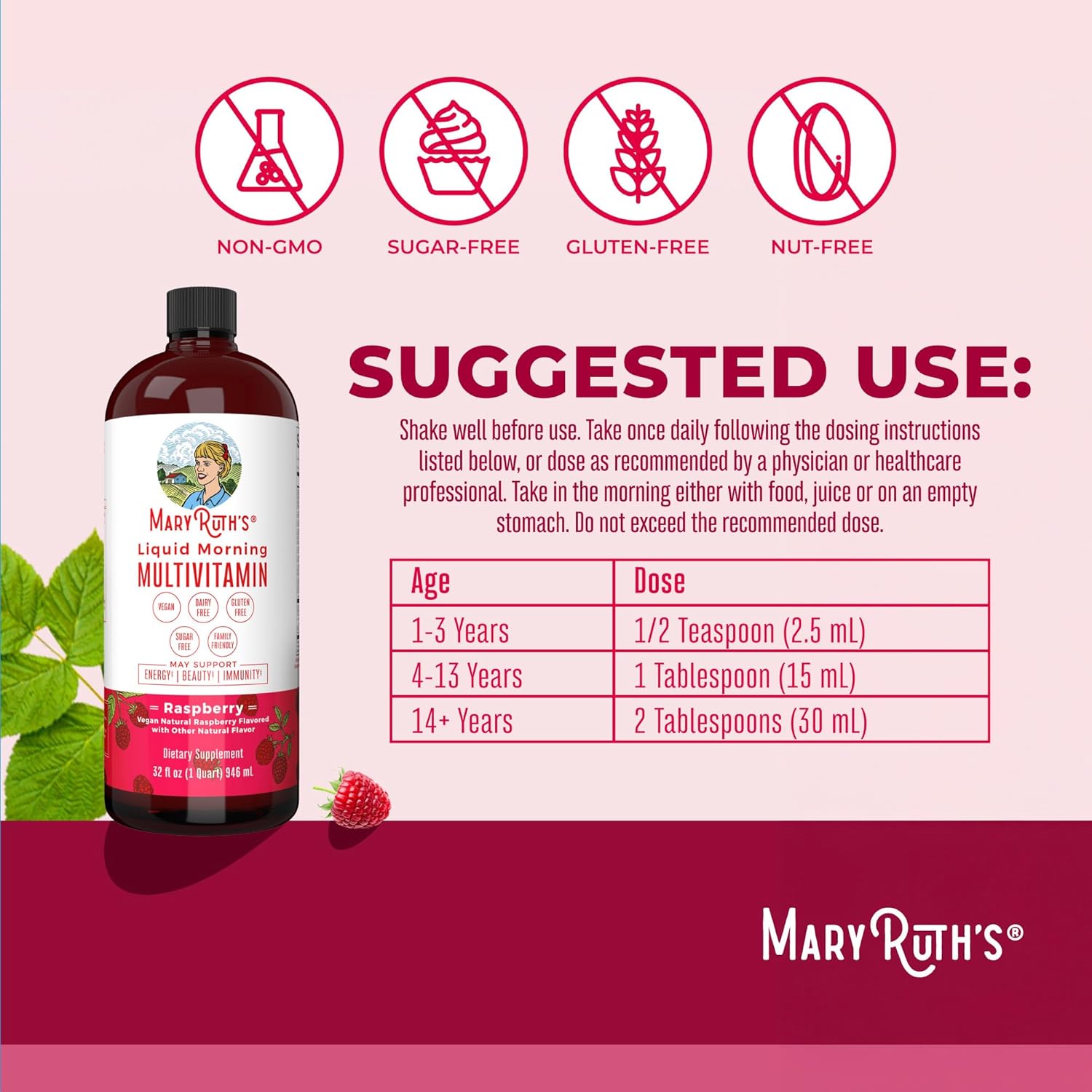 MaryRuth Organics Multivitamin for Women, Men, and Kids - Vegan, Sugar-Free, Non-GMO Liquid Multivitamin and Multimineral Supplement - Beauty and Energy Boost - 32 Fl Oz