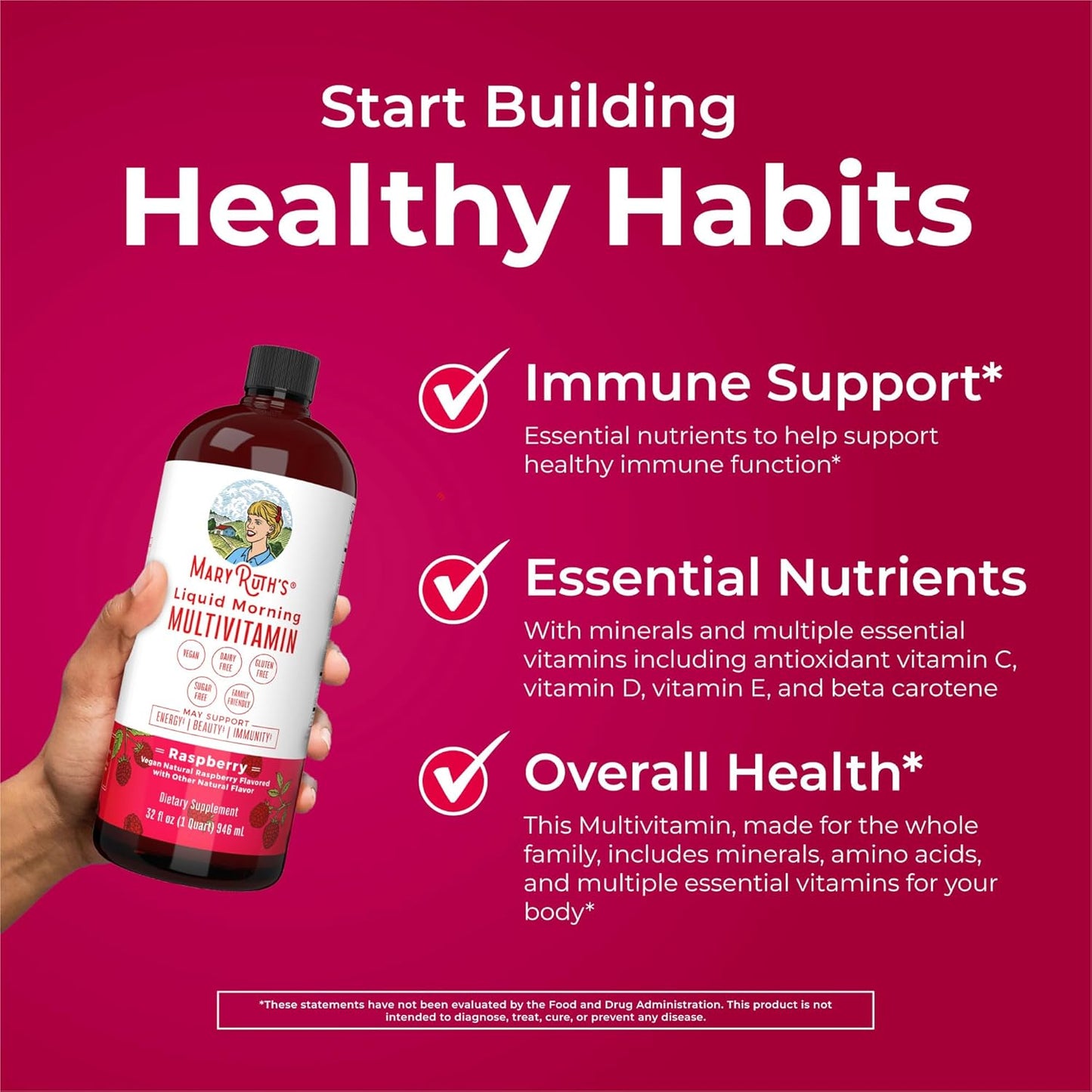 MaryRuth Organics Multivitamin for Women, Men, and Kids - Vegan, Sugar-Free, Non-GMO Liquid Multivitamin and Multimineral Supplement - Beauty and Energy Boost - 32 Fl Oz