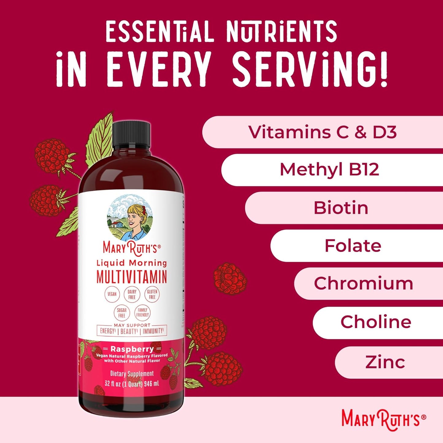 MaryRuth Organics Multivitamin for Women, Men, and Kids - Vegan, Sugar-Free, Non-GMO Liquid Multivitamin and Multimineral Supplement - Beauty and Energy Boost - 32 Fl Oz