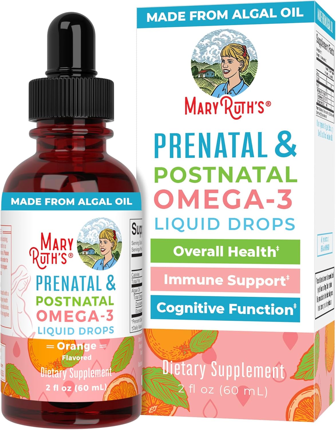MaryRuth Organics Prenatal & Postnatal Omega-3 Liquid Drops - 800mg DHA & 8mg EPA - 2oz Bottle - Support for Mom & Baby's Health