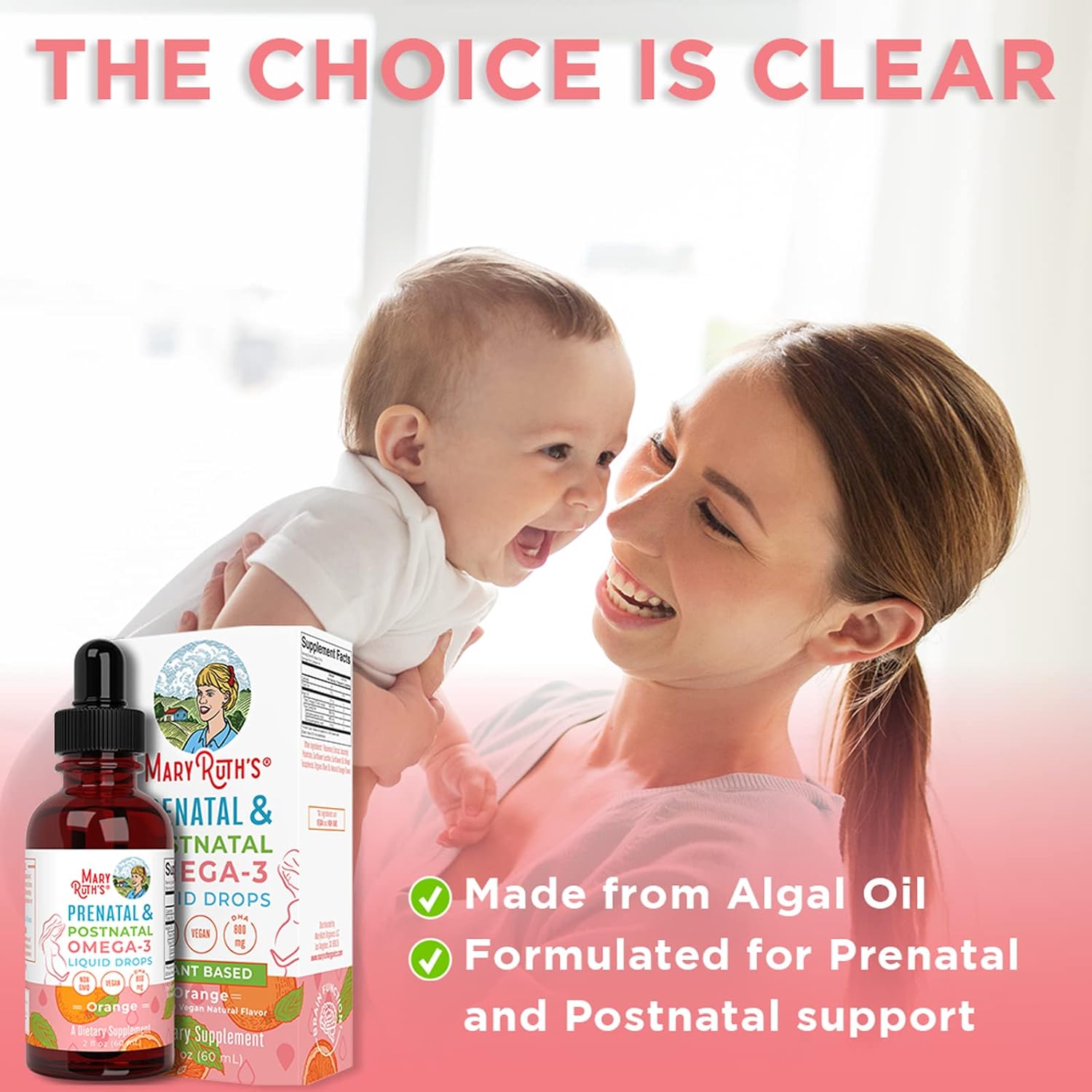 MaryRuth Organics Prenatal & Postnatal Omega-3 Liquid Drops - 800mg DHA & 8mg EPA - 2oz Bottle - Support for Mom & Baby's Health