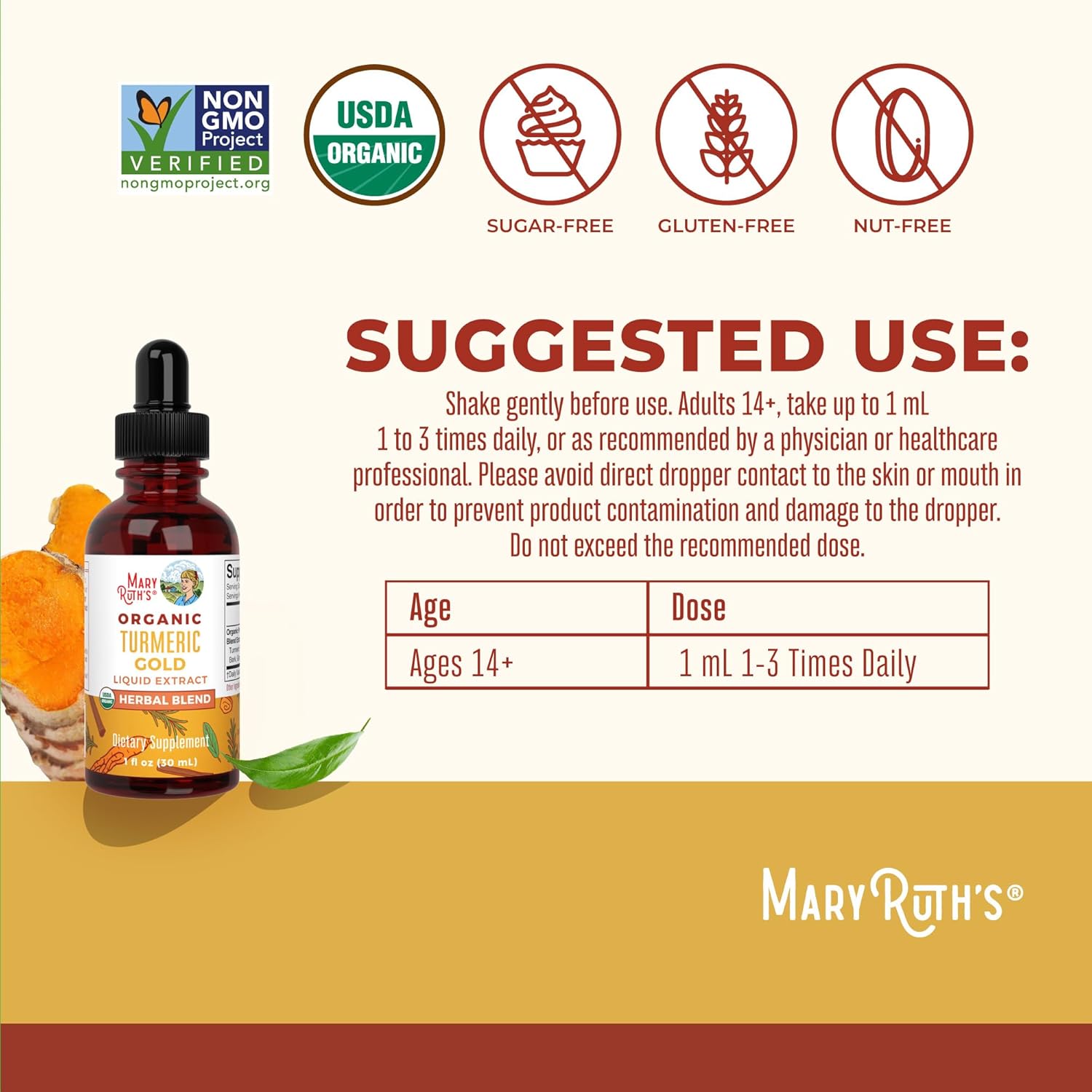 MaryRuth Organics Turmeric Gold Liquid Drops - Herbal Blend with Turmeric Curcumin, Black Pepper, Cassia Cinnamon Bark, and Ginger Root - Immune Support - Non-GMO - Vegan - 1oz