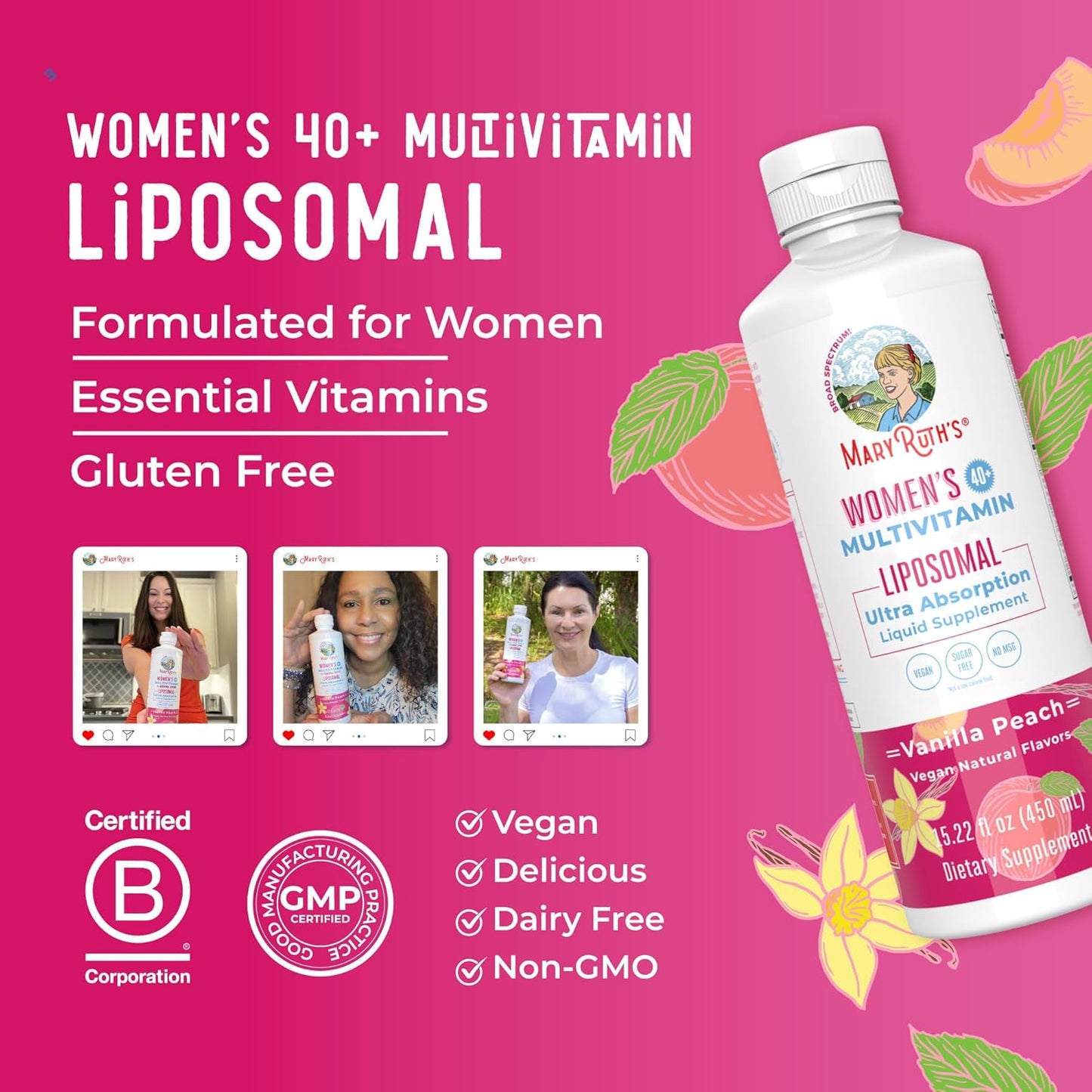 MaryRuth Organics Women's 40+ Multivitamin Liposomal with Immune Support, Energy, Sleep Aid - Vegan, Non-GMO, Sugar Free - 15.22 Fl Oz
