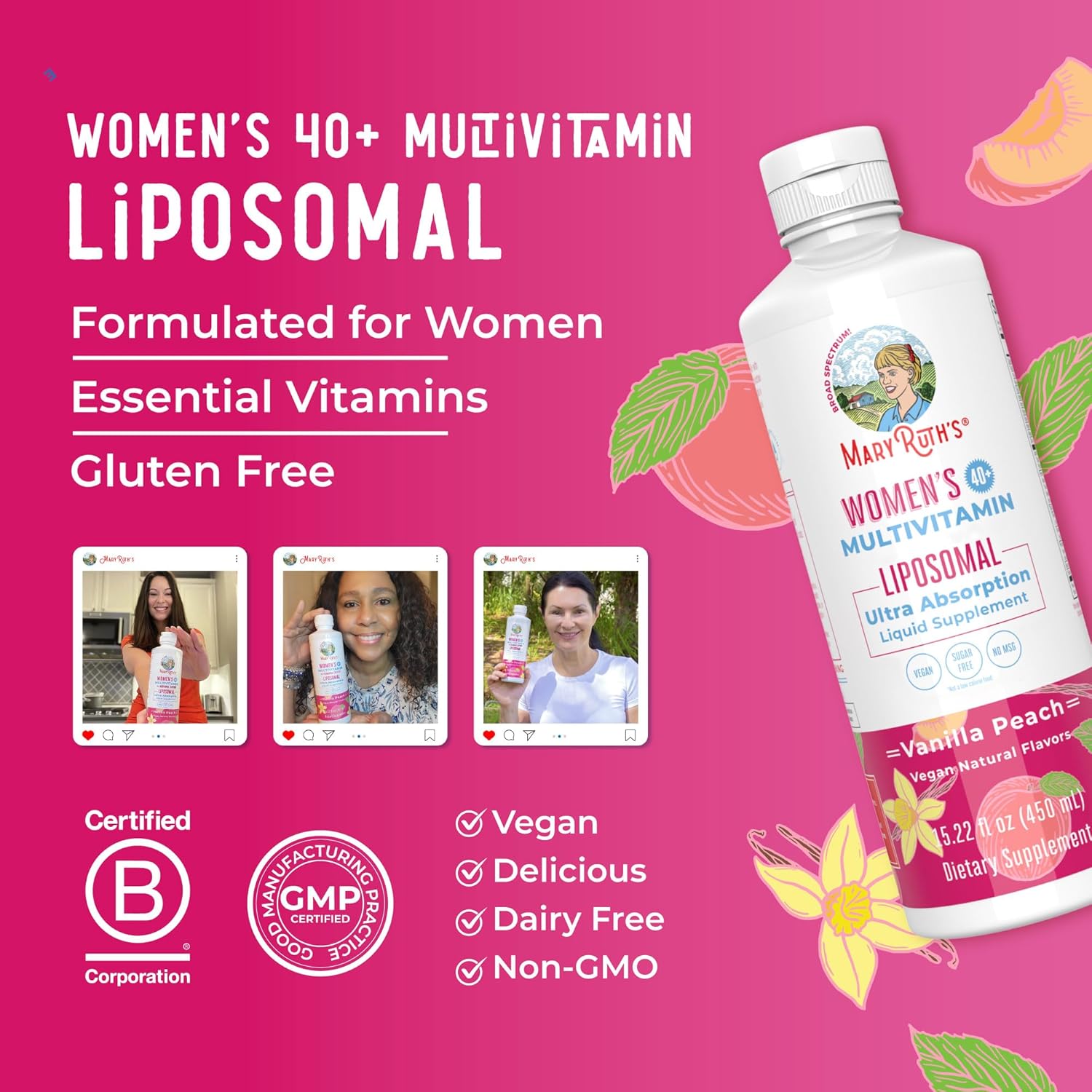 MaryRuth Organics Women's 40+ Multivitamin Liposomal with Immune Support, Energy, Sleep Aid - Vegan, Non-GMO, Sugar Free - 15.22 Fl Oz