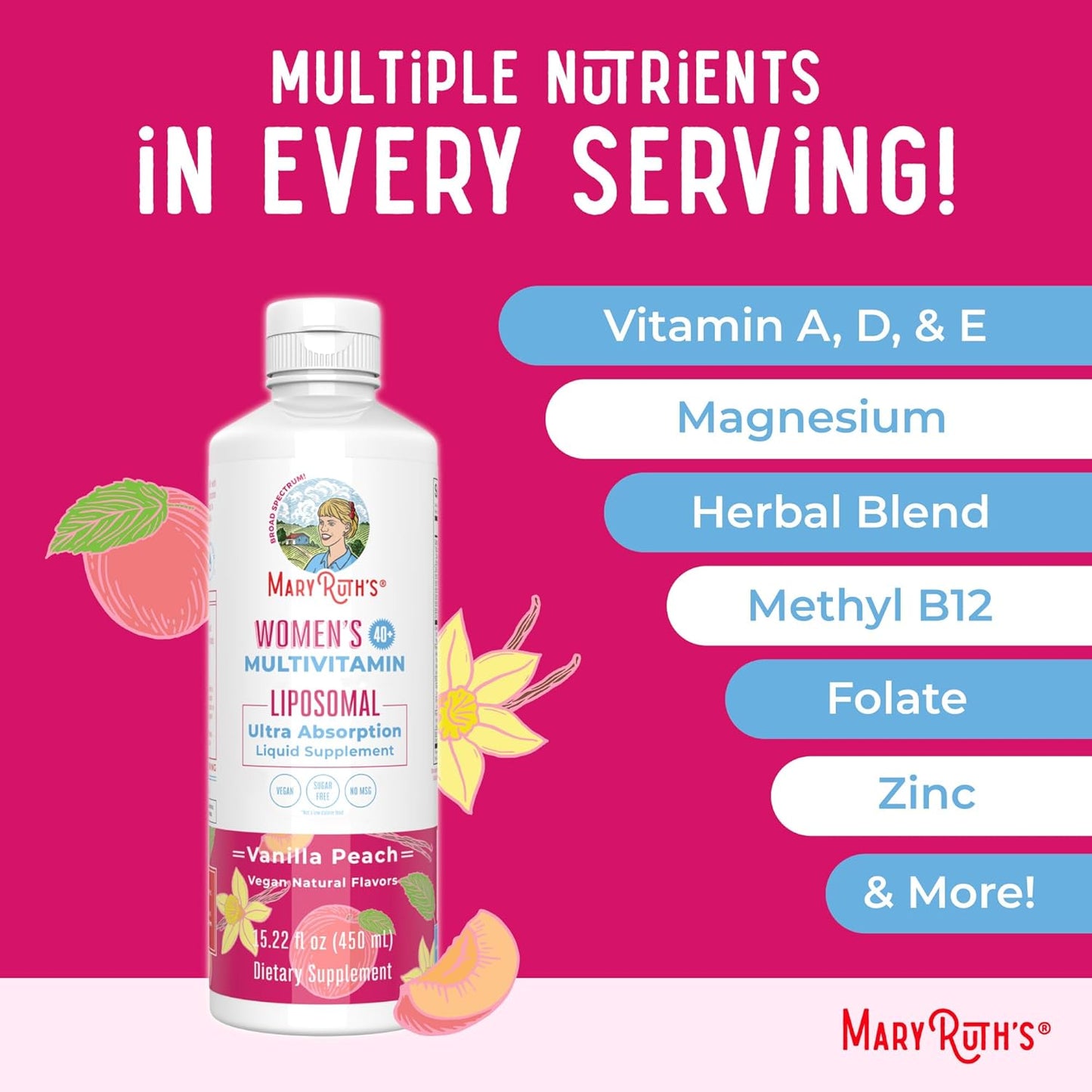MaryRuth Organics Women's 40+ Multivitamin Liposomal with Immune Support, Energy, Sleep Aid - Vegan, Non-GMO, Sugar Free - 15.22 Fl Oz