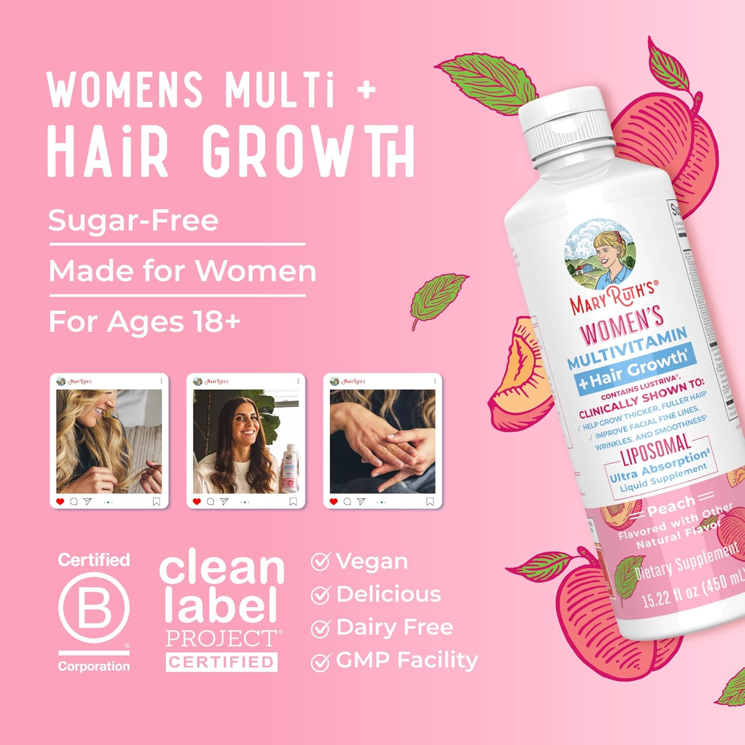 MaryRuth Organics Women's Multivitamin for Hair Growth, Skin Care & Anti-Aging - Liposomal Biotin, Vitamin D, B Complex - Clinically Tested, 15 Fl Oz