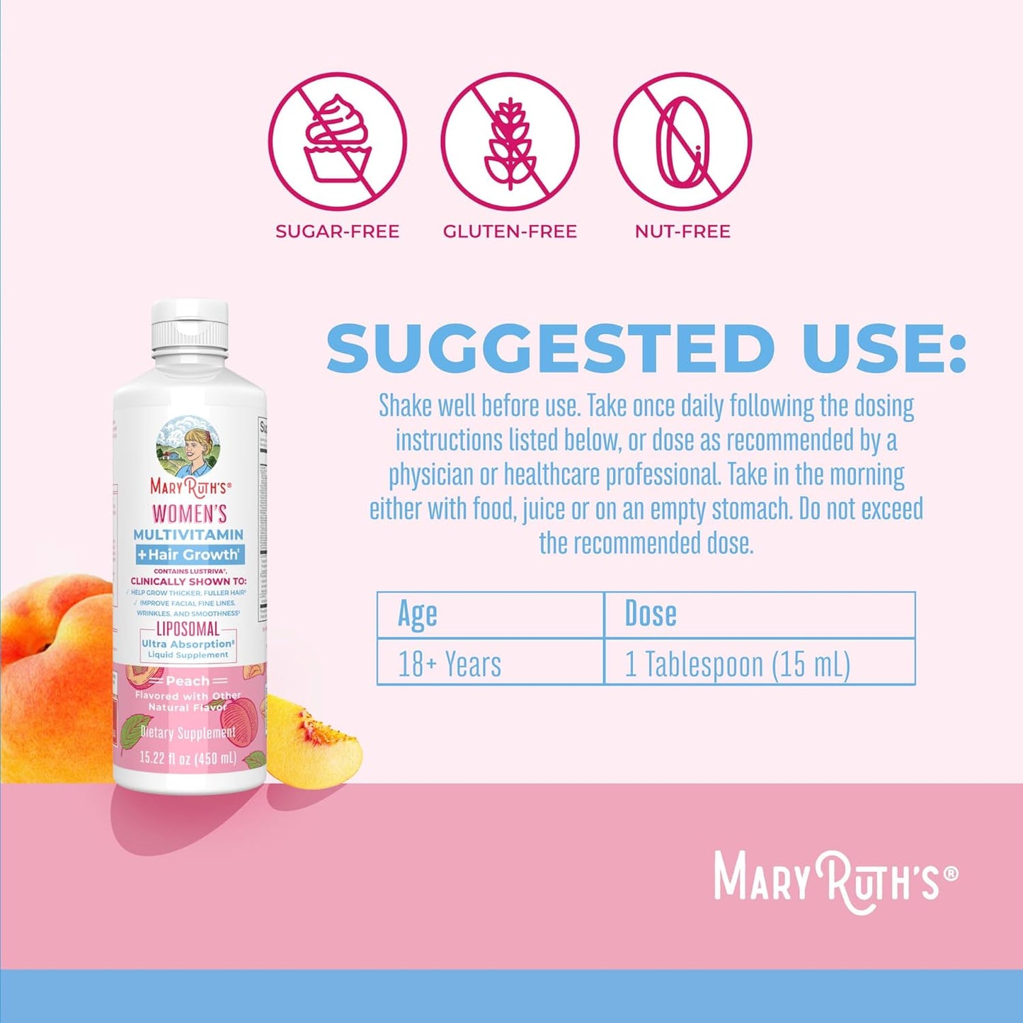 MaryRuth Organics Women's Multivitamin for Hair Growth, Skin Care & Anti-Aging - Liposomal Biotin, Vitamin D, B Complex - Clinically Tested, 15 Fl Oz