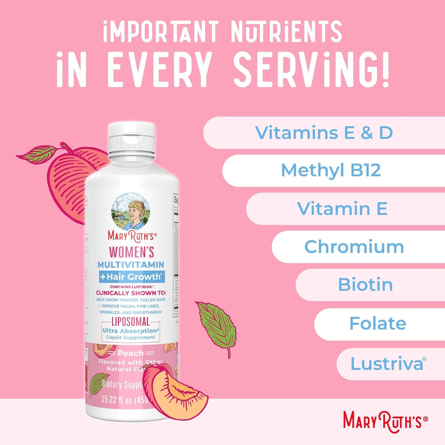 MaryRuth Organics Women's Multivitamin for Hair Growth, Skin Care & Anti-Aging - Liposomal Biotin, Vitamin D, B Complex - Clinically Tested, 15 Fl Oz