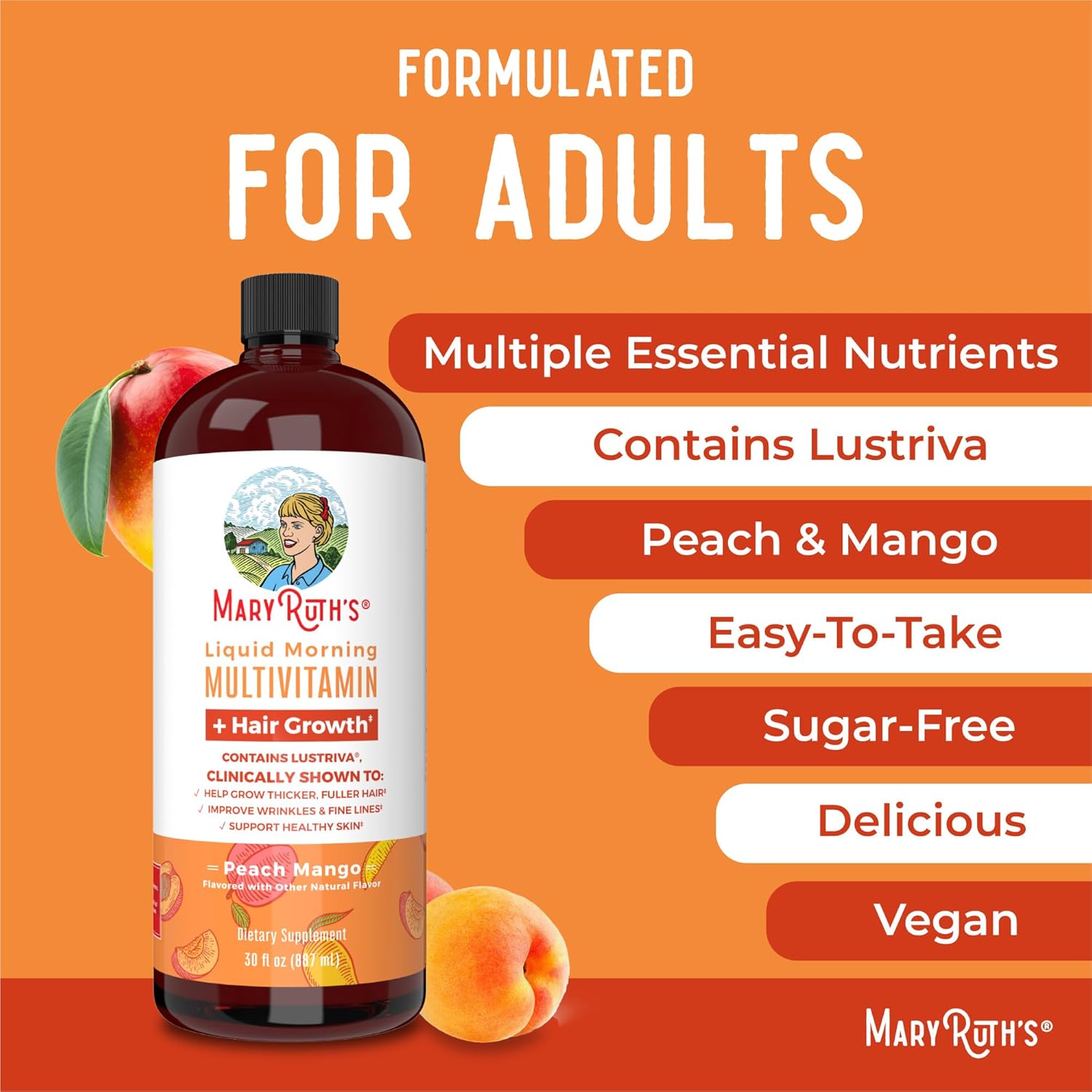 MaryRuth Organics Women's Multivitamin with Hair Growth Vitamins & Minerals | Lustriva® & Chromium Picolinate | Thicker Hair, Skin Care | 30 Fl Oz (3 Pack)