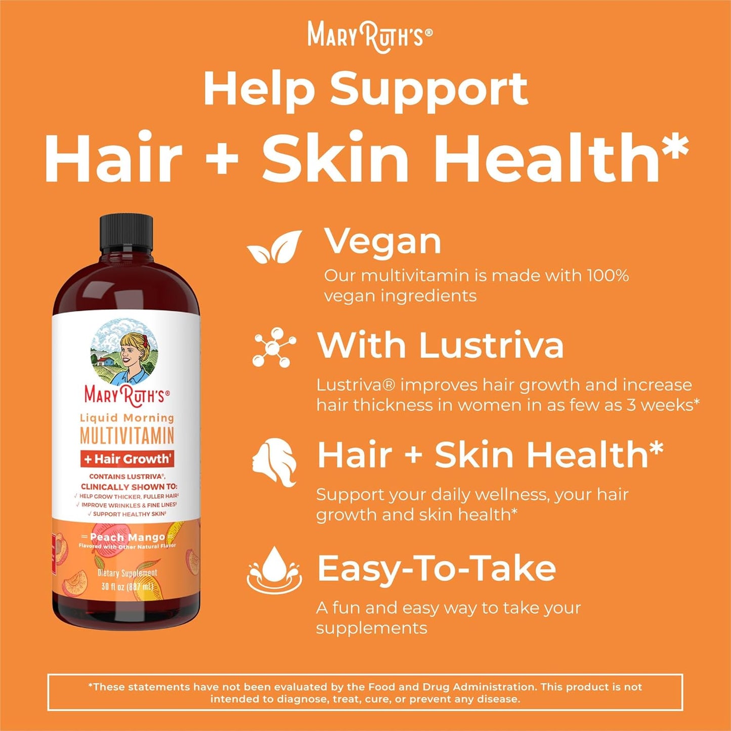 MaryRuth Organics Women's Multivitamin with Hair Growth Vitamins & Minerals | Lustriva® & Chromium Picolinate | Thicker Hair, Skin Care | 30 Fl Oz (3 Pack)