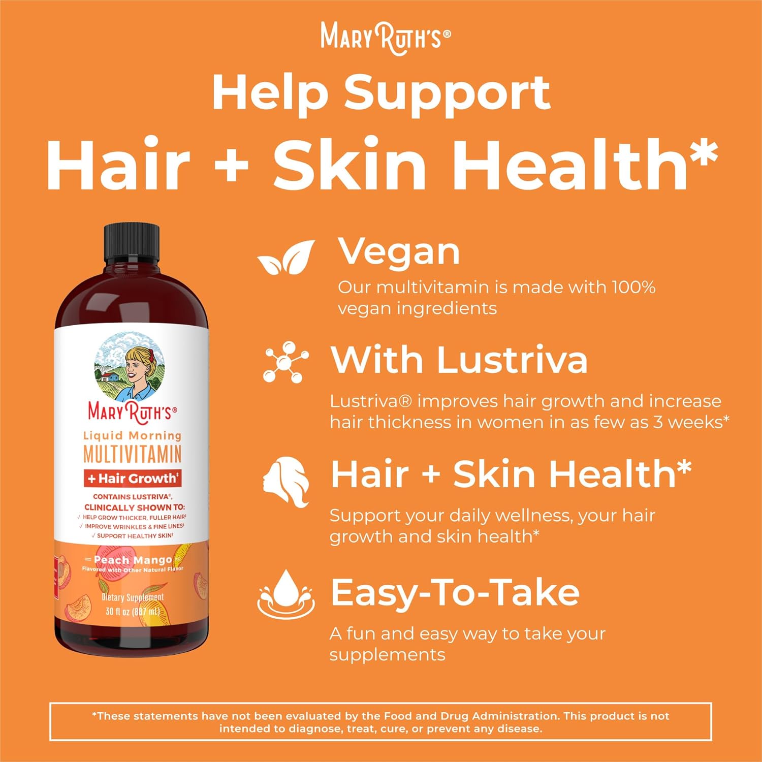 MaryRuth Organics Women's Multivitamin with Hair Growth Vitamins & Minerals | Lustriva® & Chromium Picolinate | Thicker Hair, Skin Care | 30 Fl Oz (3 Pack)