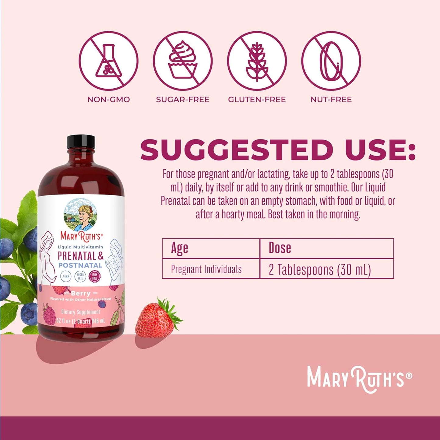 MaryRuth Organics Women's Postnatal & Prenatal Vitamins: Sugar Free Multivitamin for Pre-Conception, Pregnancy, & Nursing with Ginger, Selenium, Folate | Vegan, Non-GMO, Gluten Free | 32oz