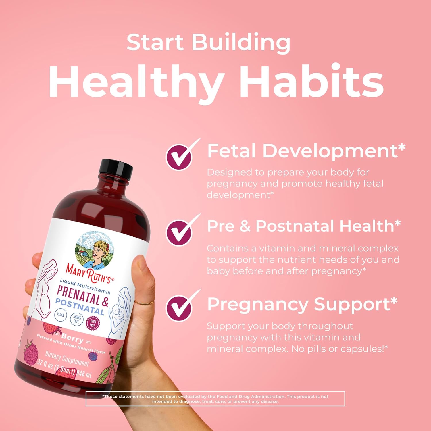 MaryRuth Organics Women's Postnatal & Prenatal Vitamins: Sugar Free Multivitamin for Pre-Conception, Pregnancy, & Nursing with Ginger, Selenium, Folate | Vegan, Non-GMO, Gluten Free | 32oz