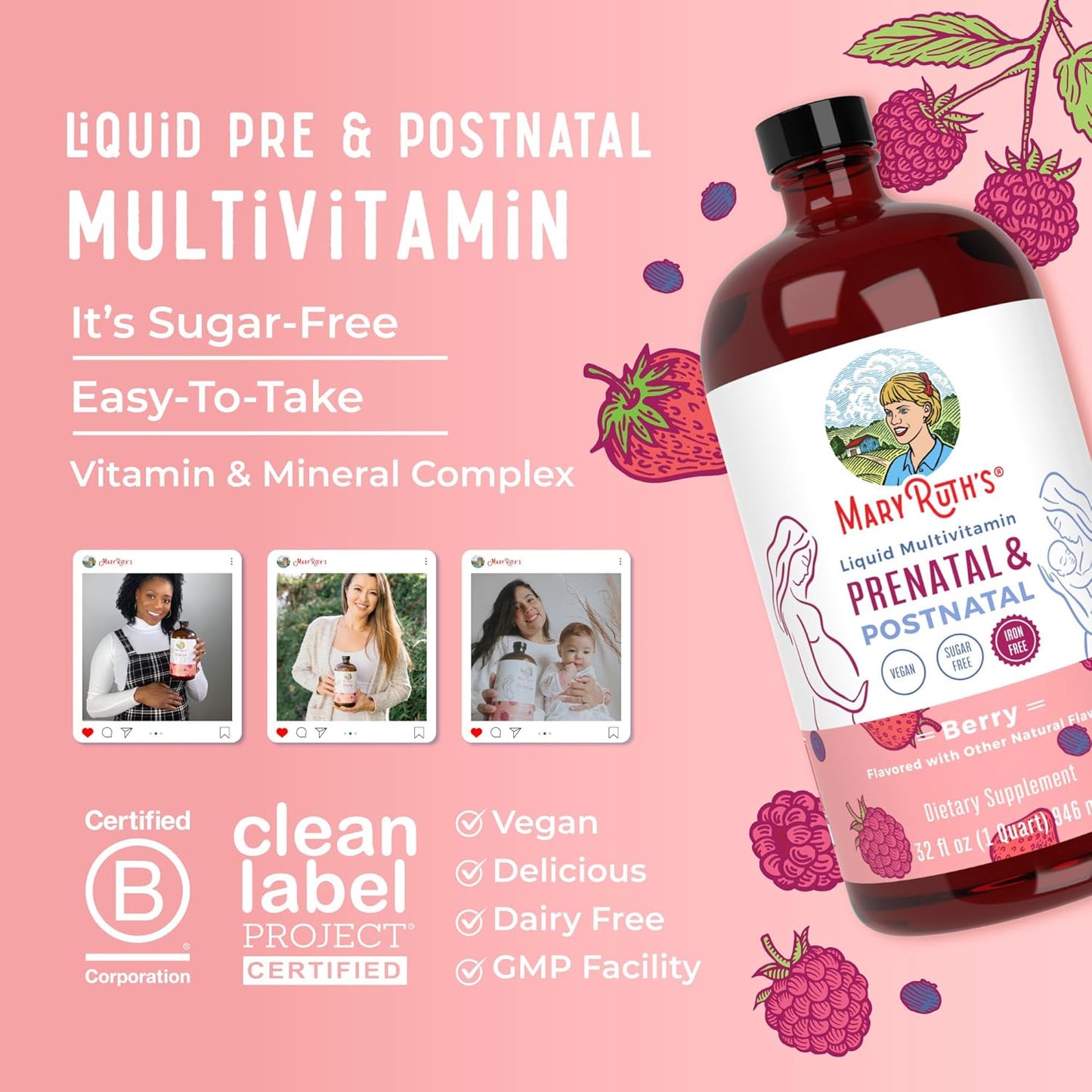 MaryRuth Organics Women's Postnatal & Prenatal Vitamins: Sugar Free Multivitamin for Pre-Conception, Pregnancy, & Nursing with Ginger, Selenium, Folate | Vegan, Non-GMO, Gluten Free | 32oz