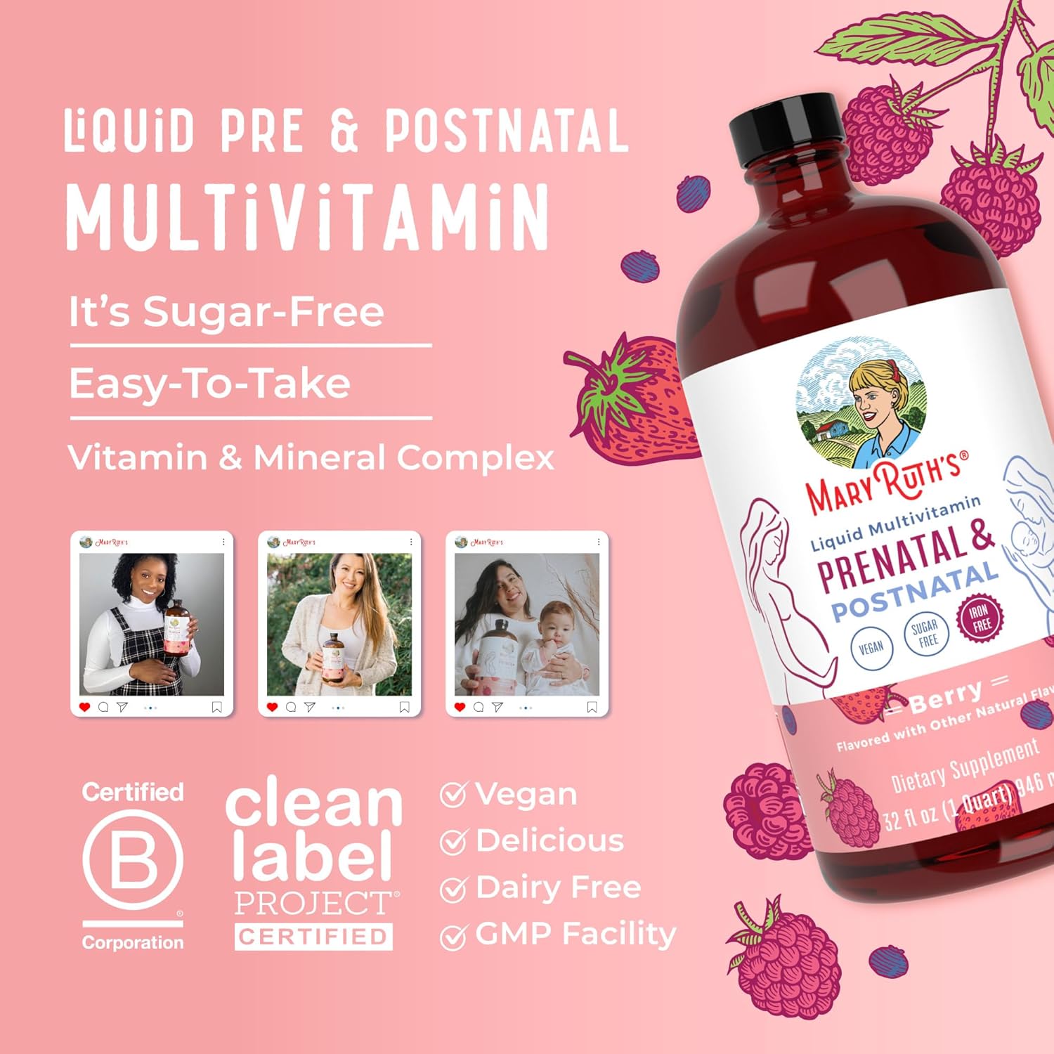 MaryRuth Organics Women's Postnatal & Prenatal Vitamins: Sugar Free Multivitamin for Pre-Conception, Pregnancy, & Nursing with Ginger, Selenium, Folate | Vegan, Non-GMO, Gluten Free | 32oz
