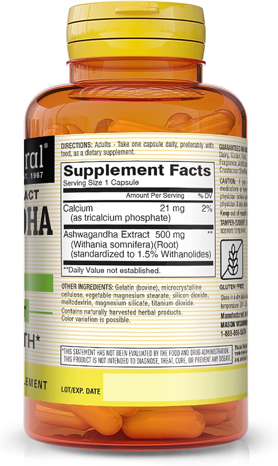 Mason Natural Ashwagandha 500 mg Herbal Supplement for Stress & Energy - 60 Day Supply