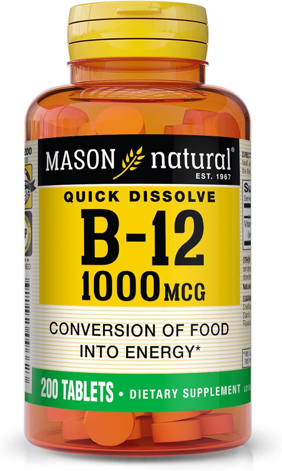 Mason Natural B12 1000 mcg Sublingual Tablets, 200 Count Bottle