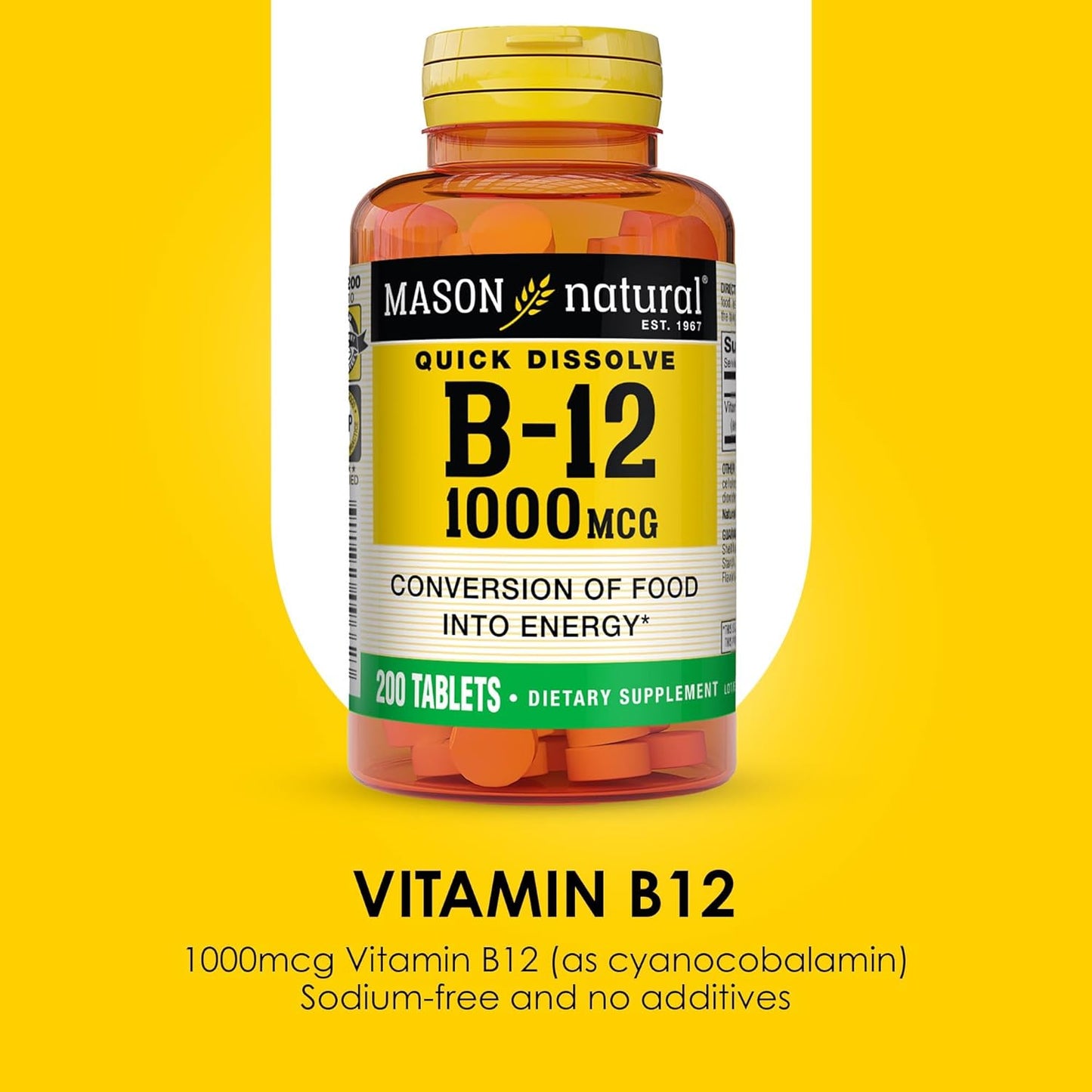 Mason Natural B12 1000 mcg Sublingual Tablets, 200 Count Bottle