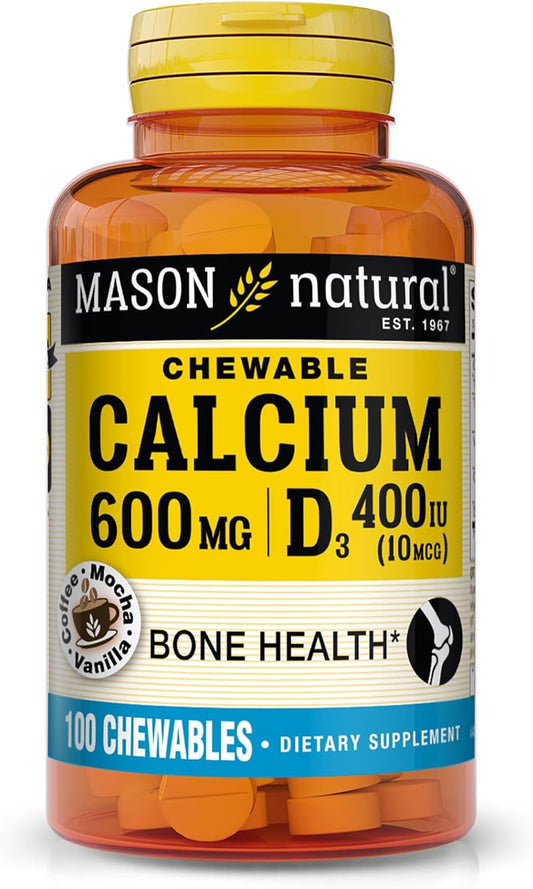 MASON NATURAL Calcium 600 mg with Vitamin D3 Chewables - Coffee Mocha Flavor, 100 Day Supply for Strong Bones & Muscle Health