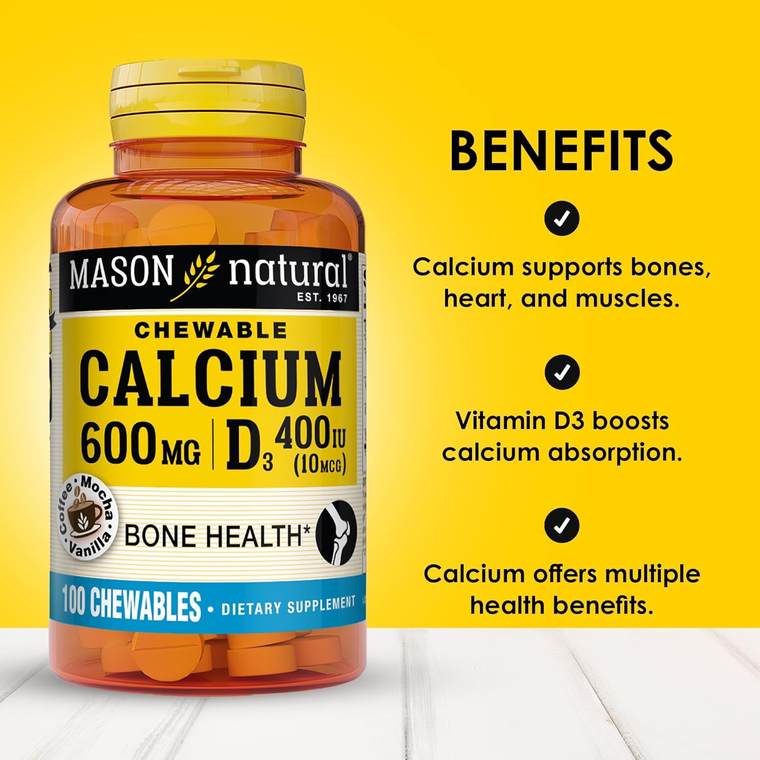 MASON NATURAL Calcium 600 mg with Vitamin D3 Chewables - Coffee Mocha Flavor, 100 Day Supply for Strong Bones & Muscle Health