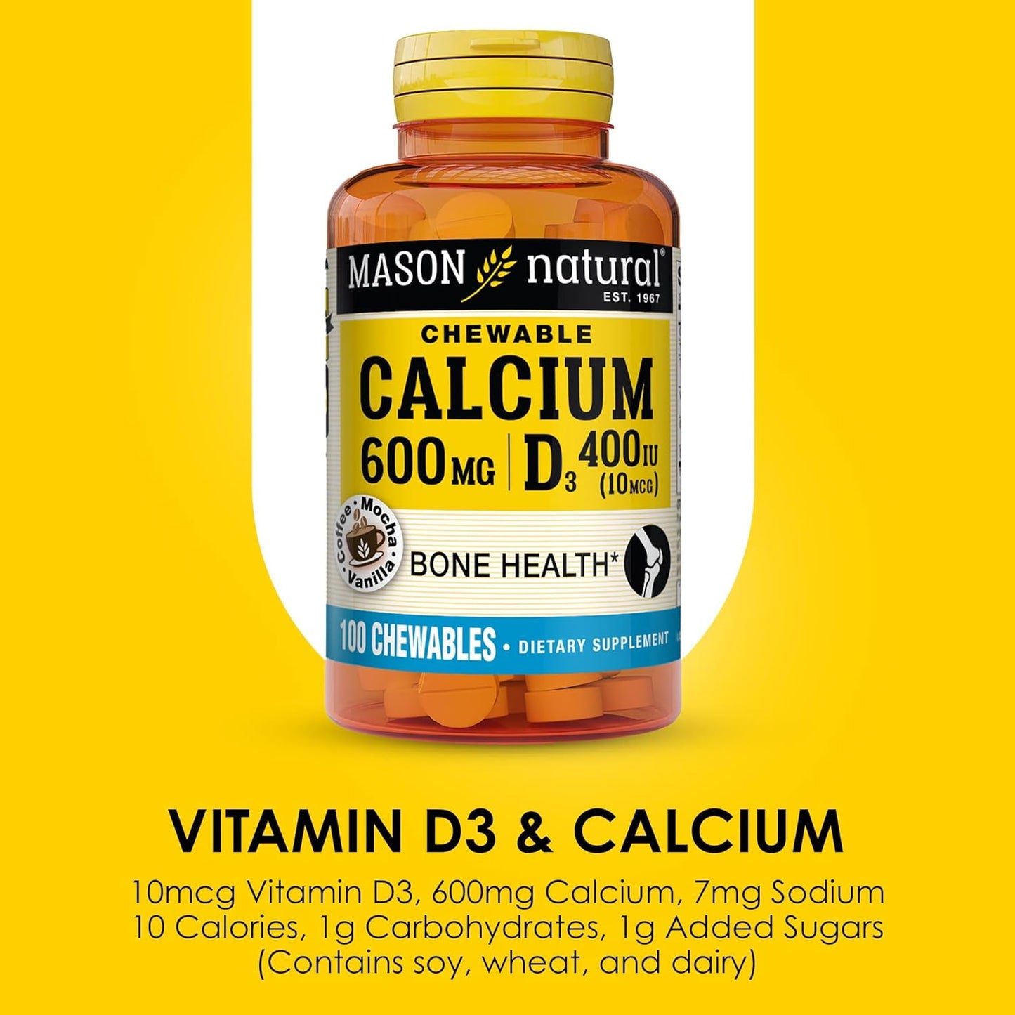 MASON NATURAL Calcium 600 mg with Vitamin D3 Chewables - Coffee Mocha Flavor, 100 Day Supply for Strong Bones & Muscle Health