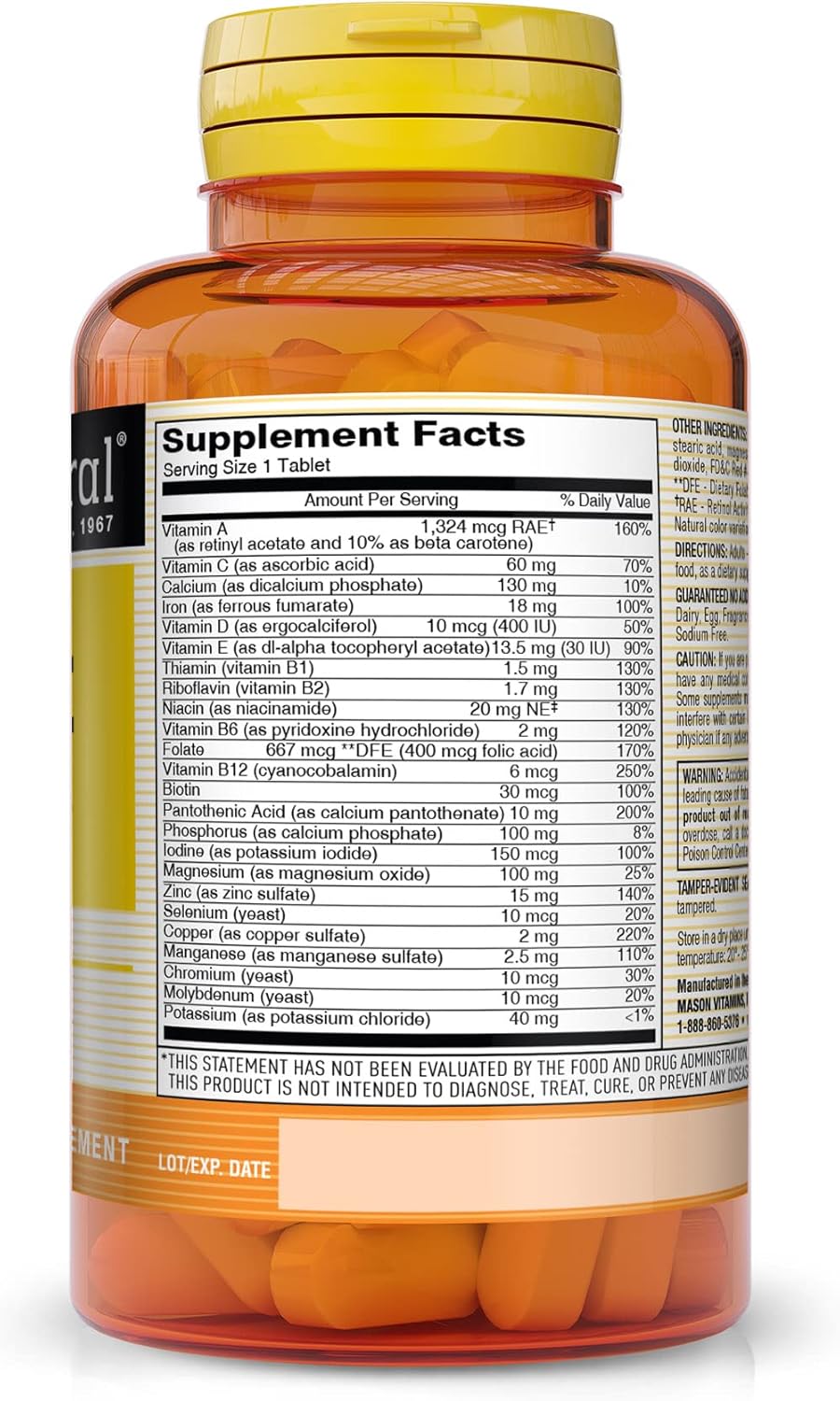 MASON NATURAL Daily Multiple Vitamins with Minerals - Complete Multivitamin with 24 Essential Nutrients for Overall Health, 180 Tablets