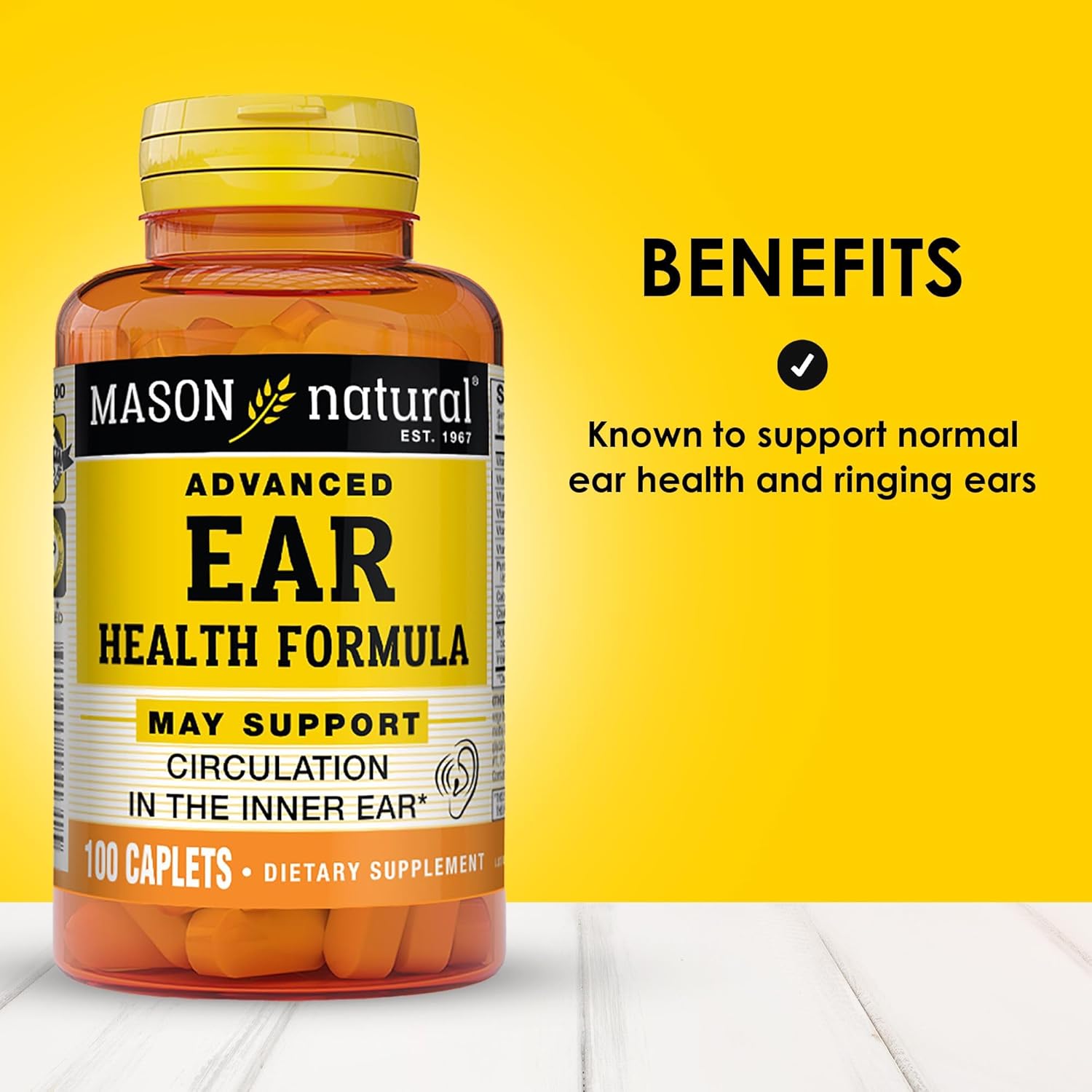 MASON NATURAL Ear Health Formula - Promotes Inner Ear Circulation, Relieves Ringing Ears, 100 Caplets