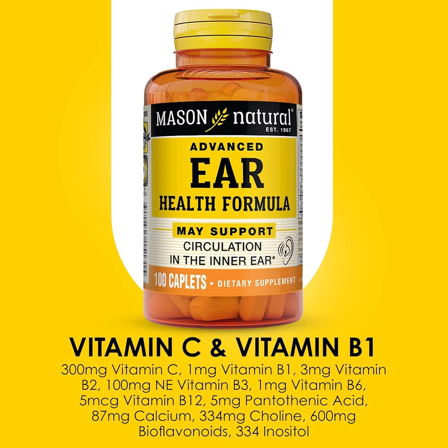 MASON NATURAL Ear Health Formula - Promotes Inner Ear Circulation, Relieves Ringing Ears, 100 Caplets