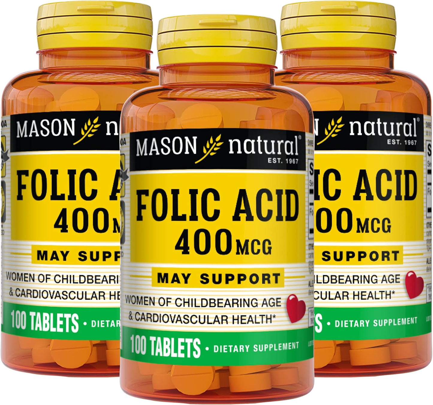 MASON NATURAL Folic Acid 400 mcg Tablets - Daily Supplement for Women's Health, Nervous System Support and Prenatal Care, Pack of 300 Tablets