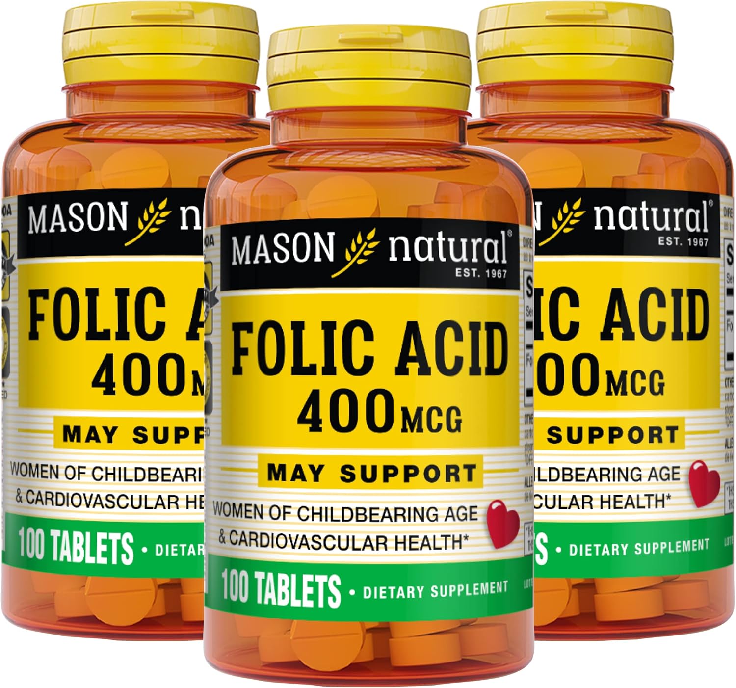 MASON NATURAL Folic Acid 400 mcg Tablets - Daily Supplement for Women's Health, Nervous System Support and Prenatal Care, Pack of 300 Tablets