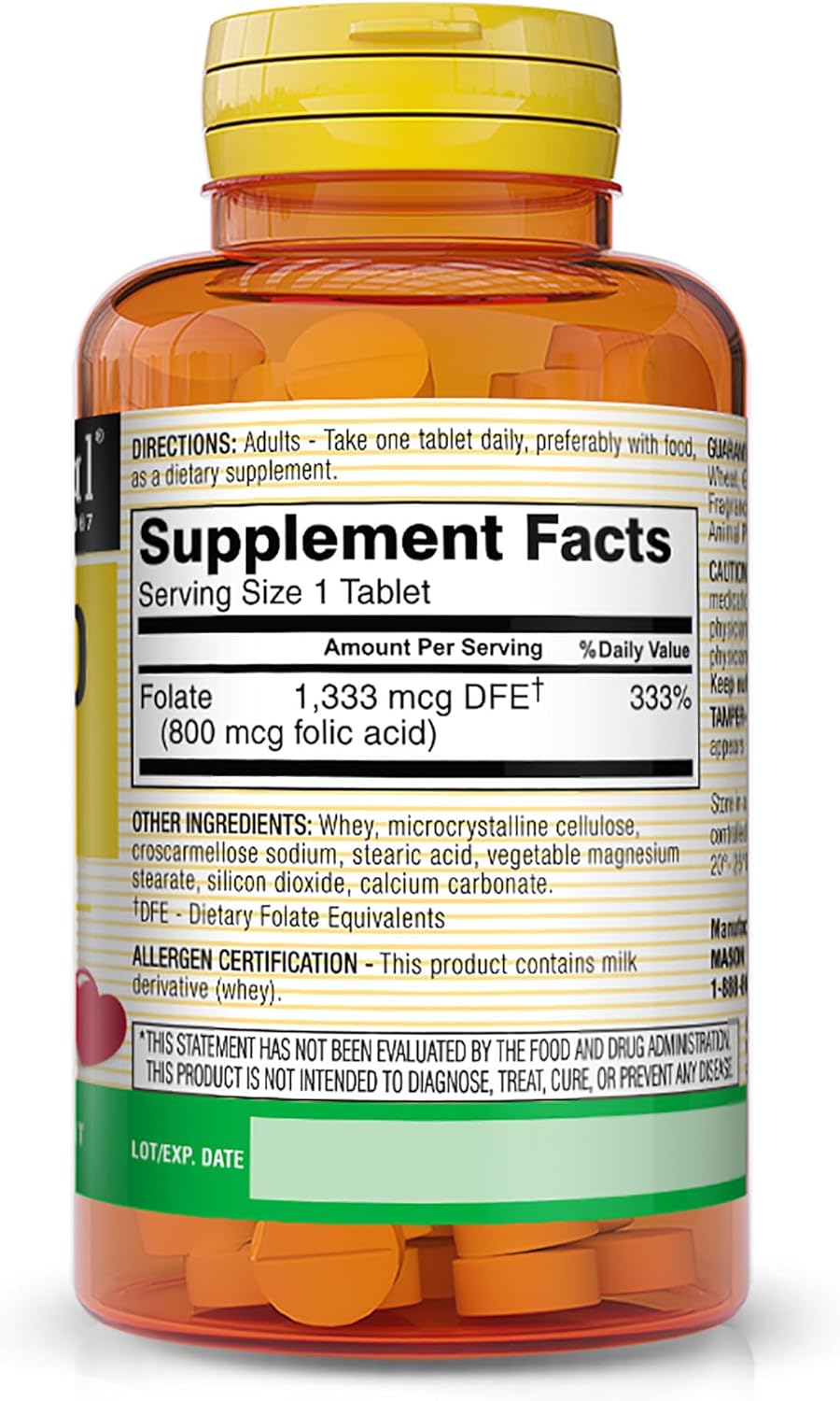 MASON NATURAL Folic Acid 800 mcg Tablets - Supports Nervous System Function, Health, Mood, and Prenatal Care in Women of Childbearing Age, 300 Tablets Total