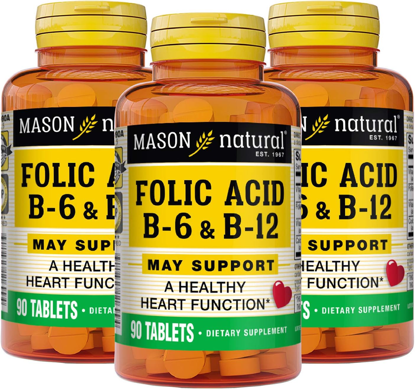 MASON NATURAL Heart Formula B6/B12/Folic Acid Tablets, 90 Count (Pack of 3) - Supports Cardiovascular Health, Red Blood Cell Formation, Metabolic Function - Dietary Supplement