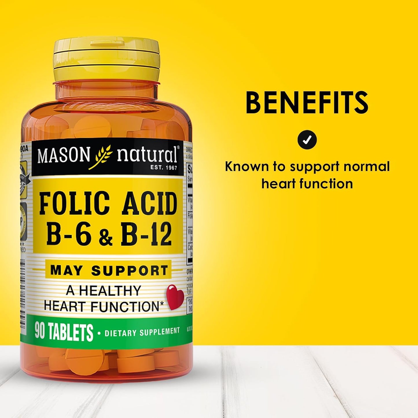 MASON NATURAL Heart Formula B6/B12/Folic Acid Tablets, 90 Count (Pack of 3) - Supports Cardiovascular Health, Red Blood Cell Formation, Metabolic Function - Dietary Supplement