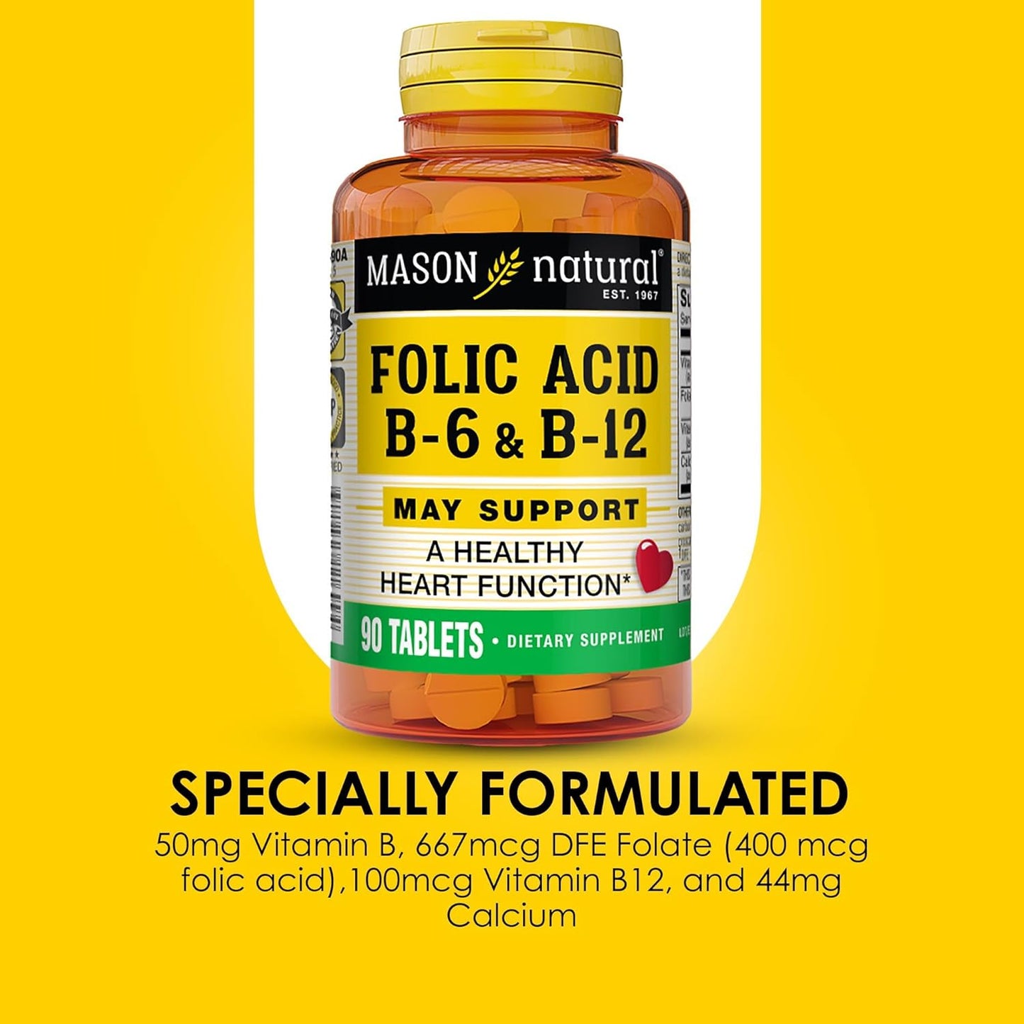 MASON NATURAL Heart Formula B6/B12/Folic Acid Tablets, 90 Count (Pack of 3) - Supports Cardiovascular Health, Red Blood Cell Formation, Metabolic Function - Dietary Supplement
