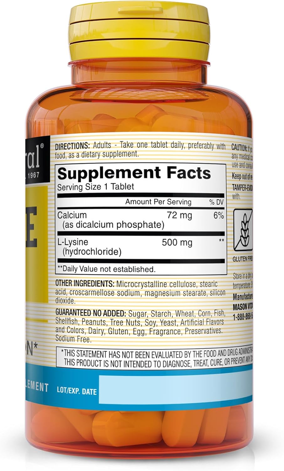 Mason Natural L-Lysine 500 mg with Calcium - Boost Immunity, Improve Nutrient Uptake - 100 Tablets (Pack of 3)