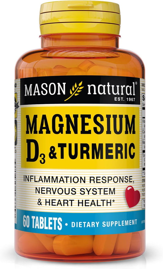 MASON NATURAL Magnesium, Vitamin D3, and Turmeric Supplement - 60 Day Supply with 500mg Magnesium, 3000 IU Vitamin D3, 150mg Turmeric